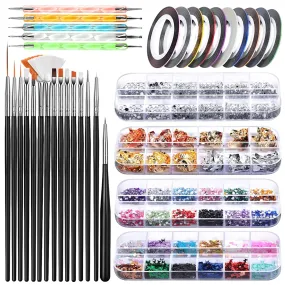 15-Piece Nail Art Essentials Kit: Brushes, Foils, Rhinestones, Dotting Tools & Tapes