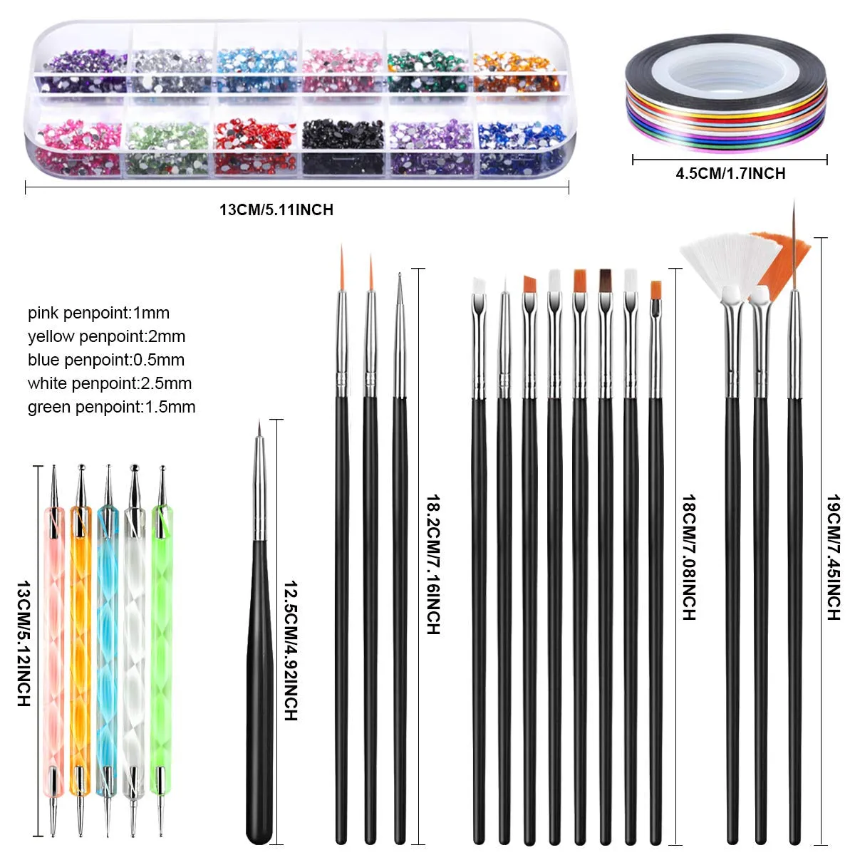 15-Piece Nail Art Essentials Kit: Brushes, Foils, Rhinestones, Dotting Tools & Tapes