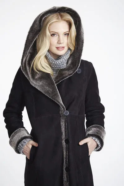 #6423 Long Hooded  Shearling Coat