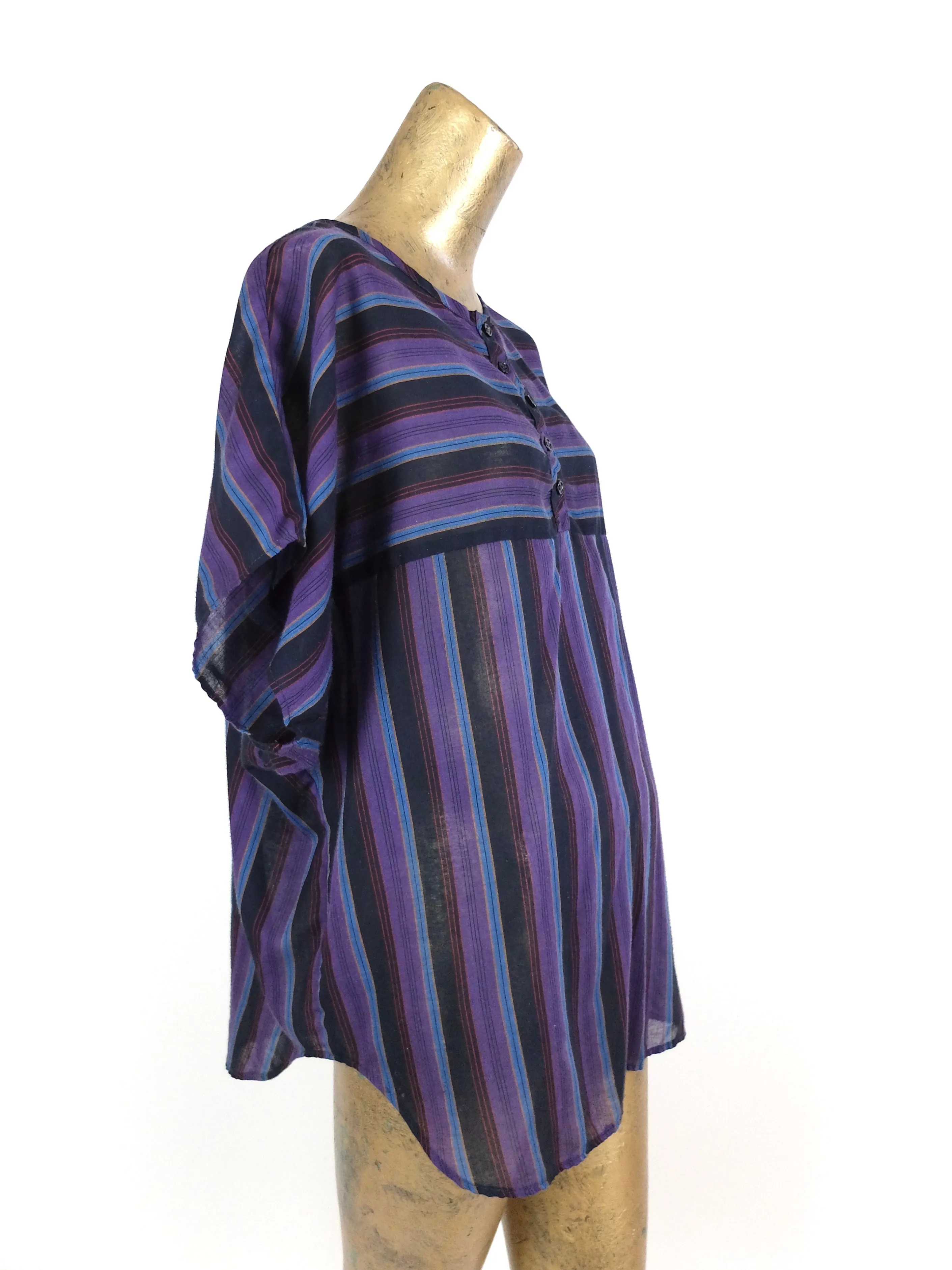 70s Bohemian Hippie Style Striped 1/4 Button Flowy Short Sleeve Tunic Blouse