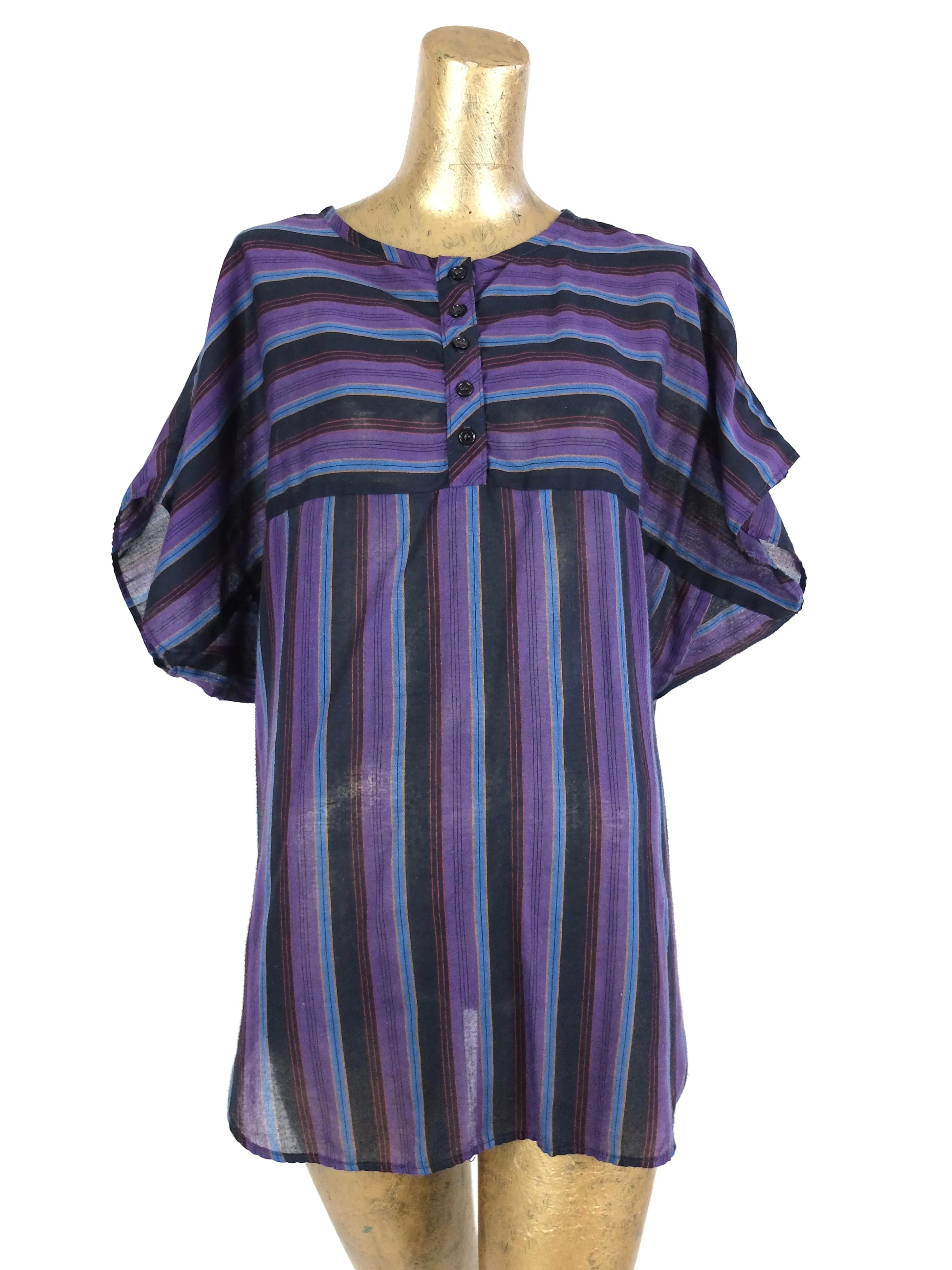 70s Bohemian Hippie Style Striped 1/4 Button Flowy Short Sleeve Tunic Blouse