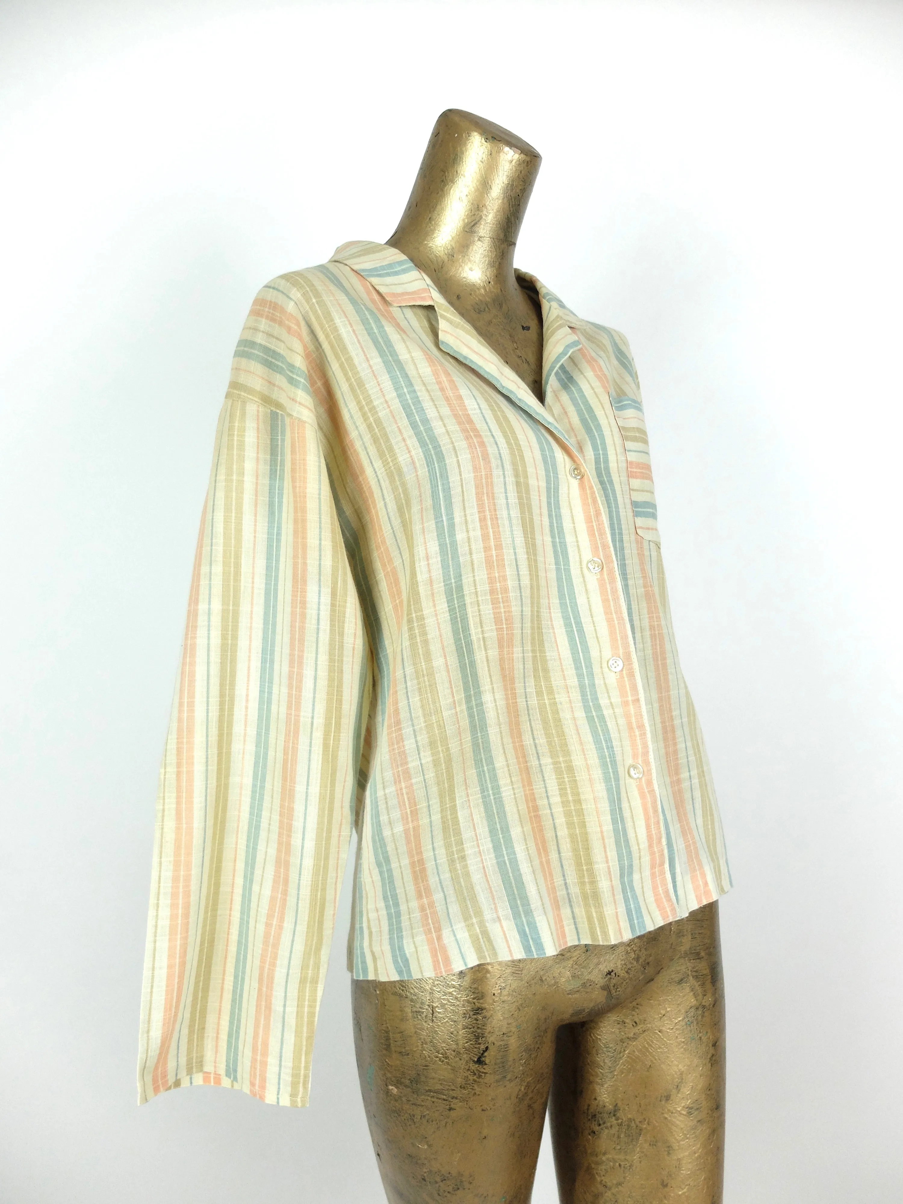 70s Striped Long Sleeve Collared Button Up Linen Shirt