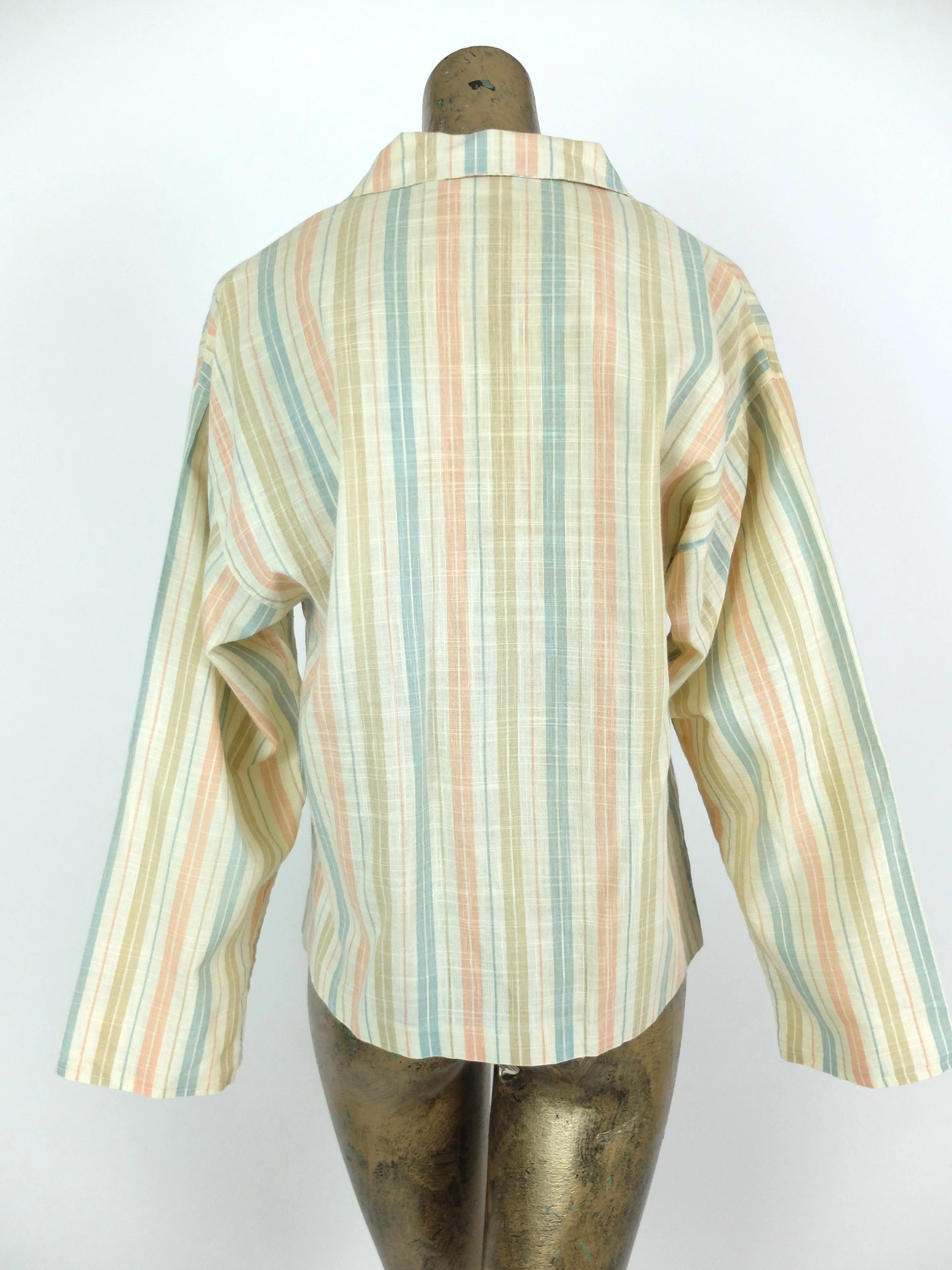 70s Striped Long Sleeve Collared Button Up Linen Shirt