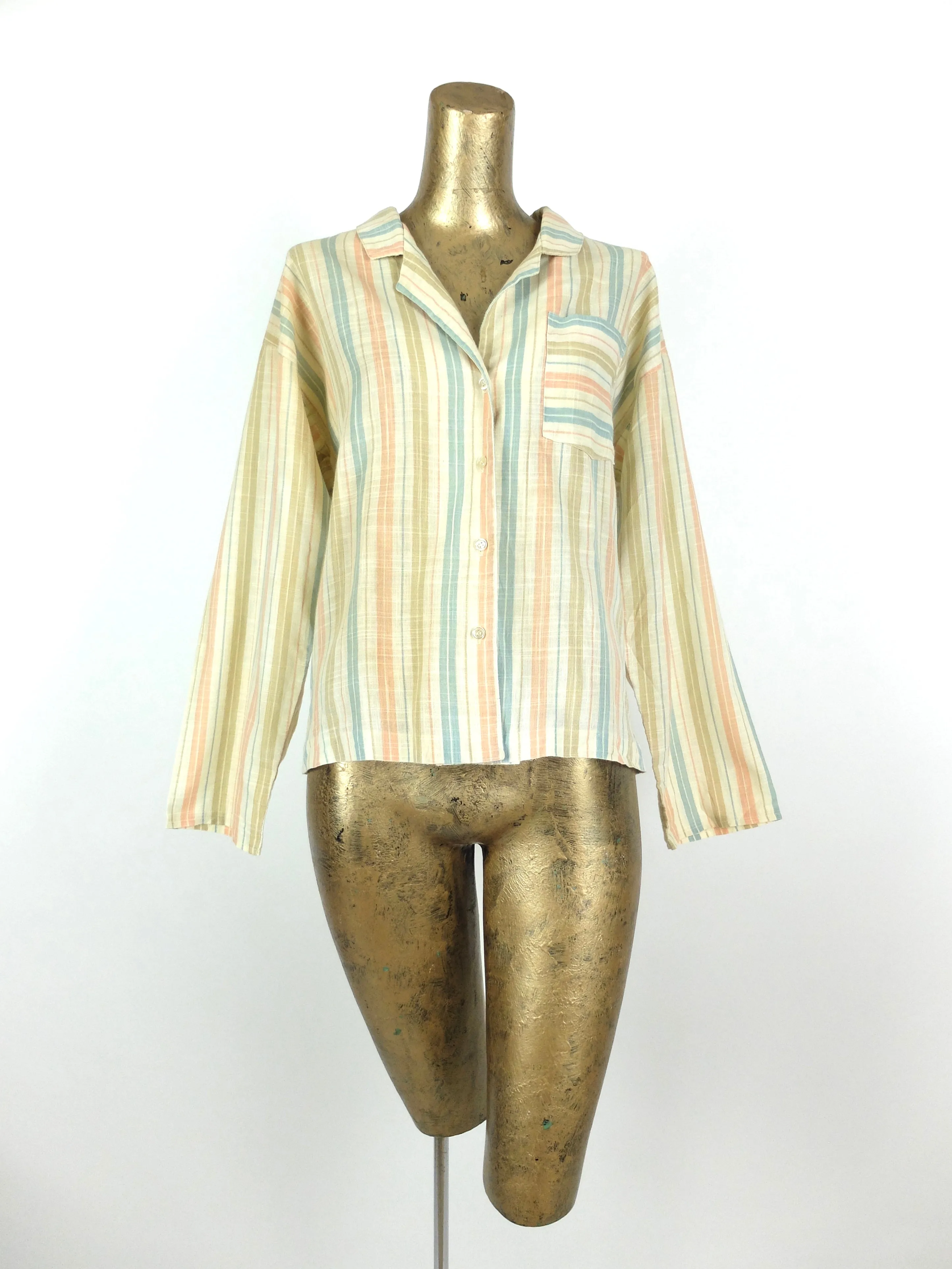 70s Striped Long Sleeve Collared Button Up Linen Shirt