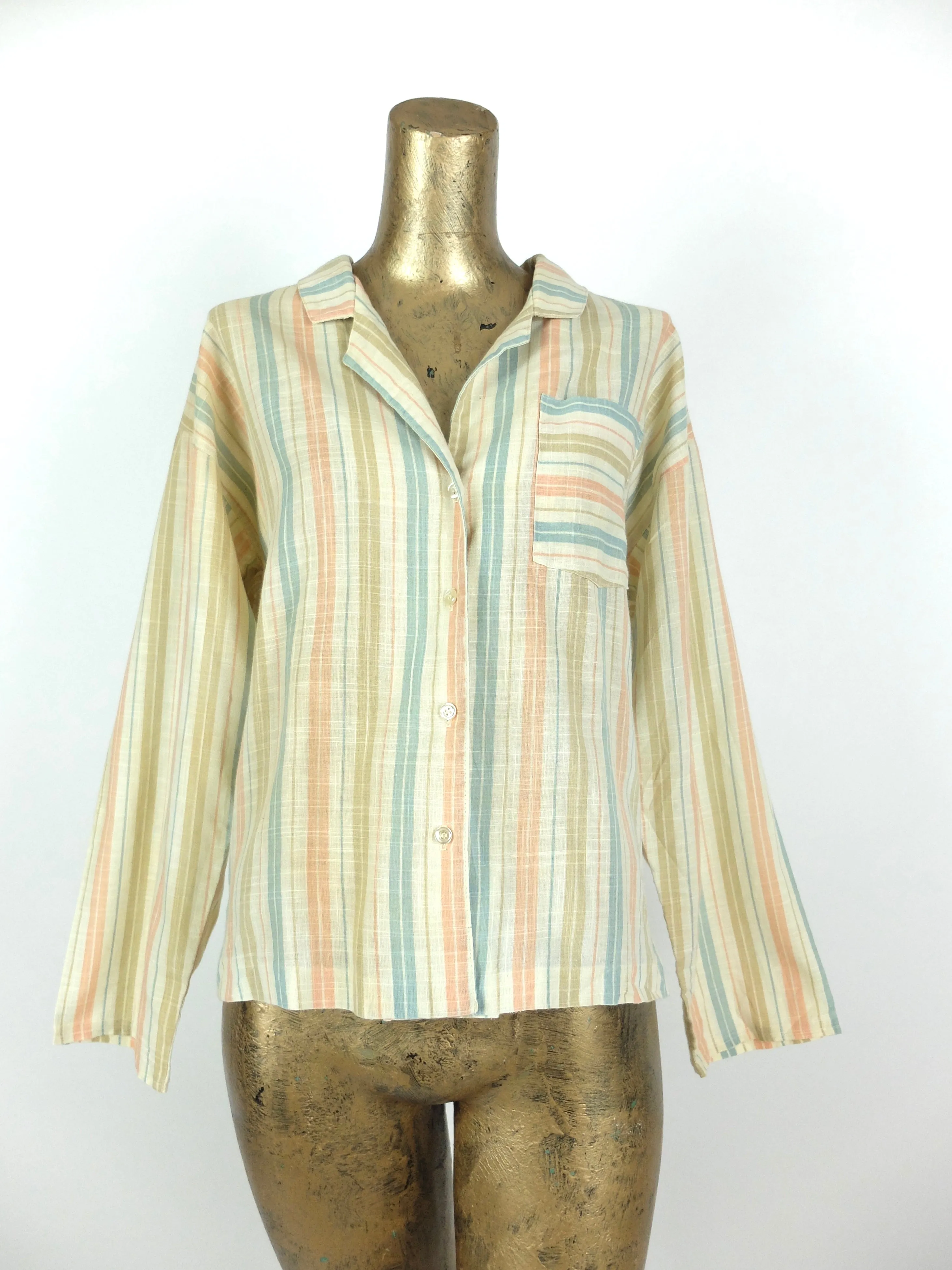 70s Striped Long Sleeve Collared Button Up Linen Shirt