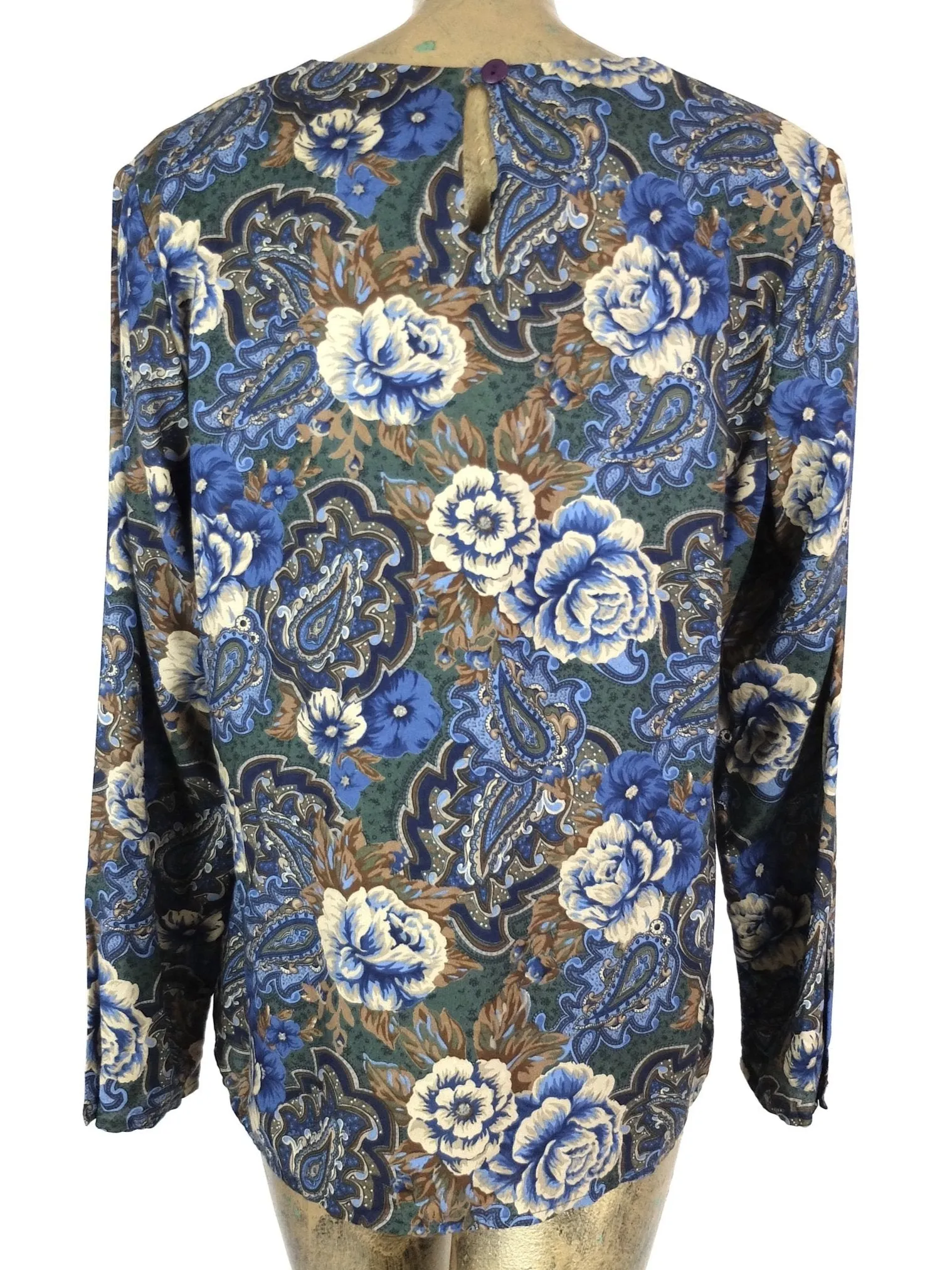 80s Bohemian Blue Floral Long Sleeve Scoop Neck Blouse