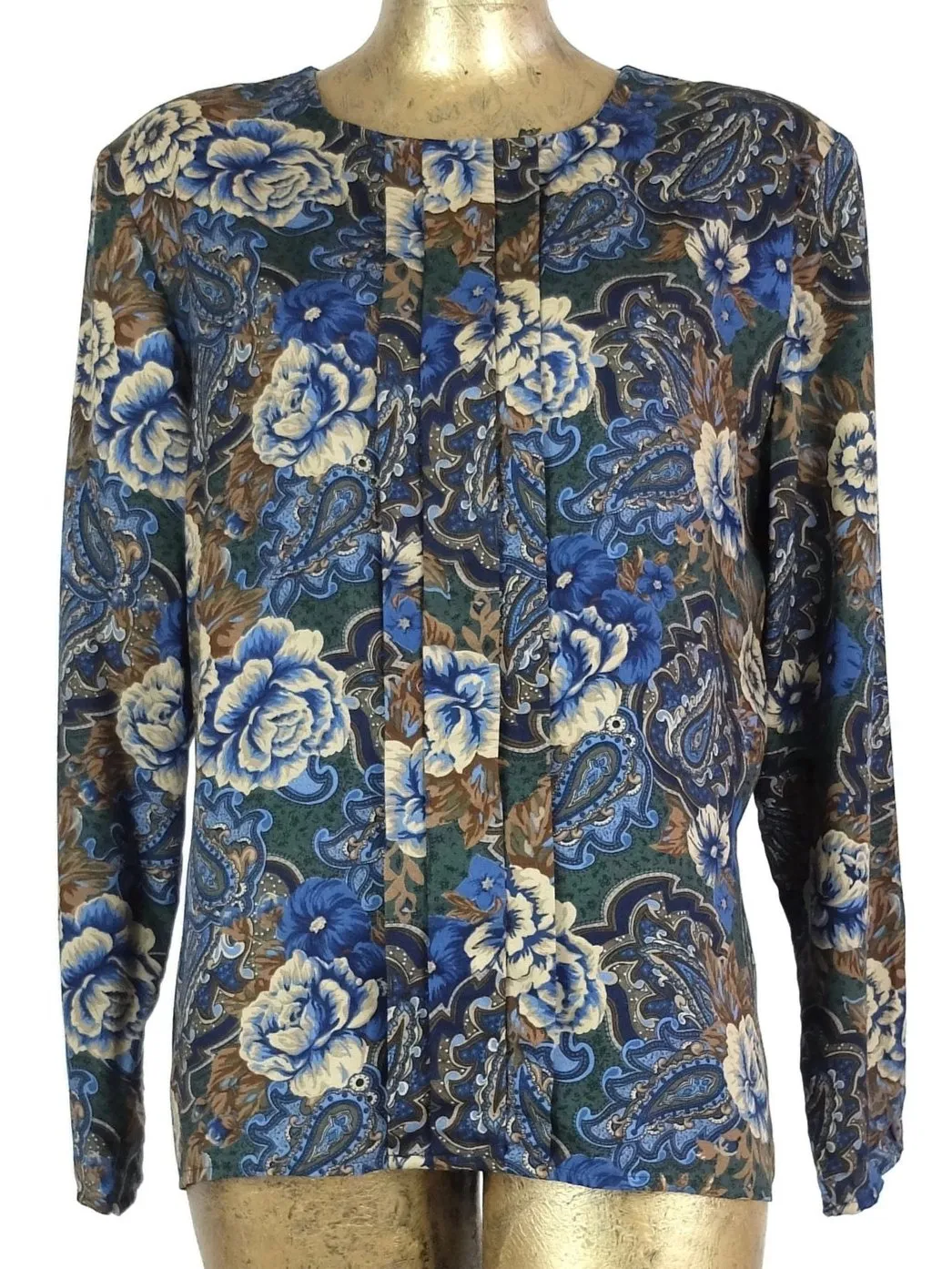 80s Bohemian Blue Floral Long Sleeve Scoop Neck Blouse