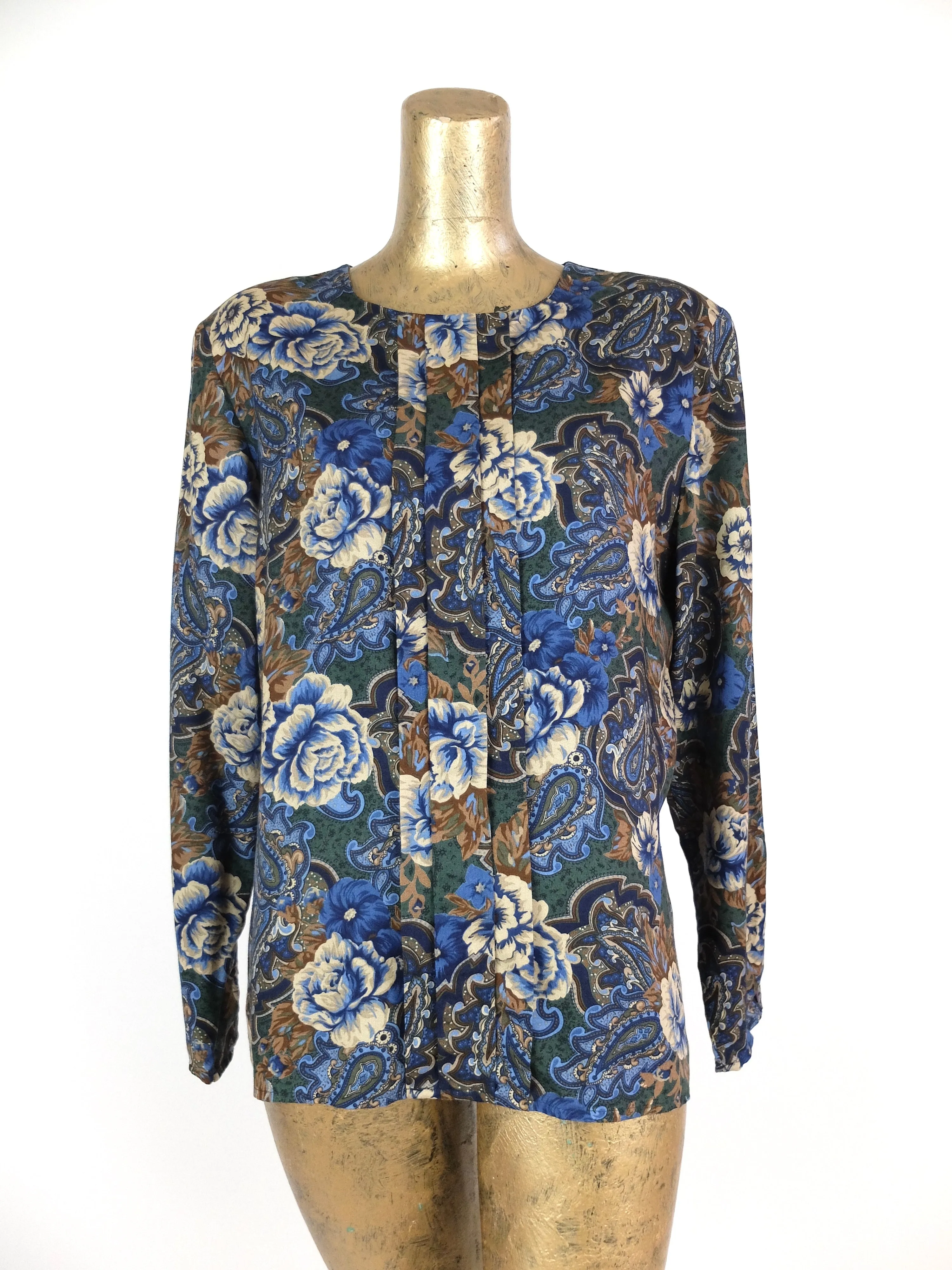 80s Bohemian Blue Floral Long Sleeve Scoop Neck Blouse