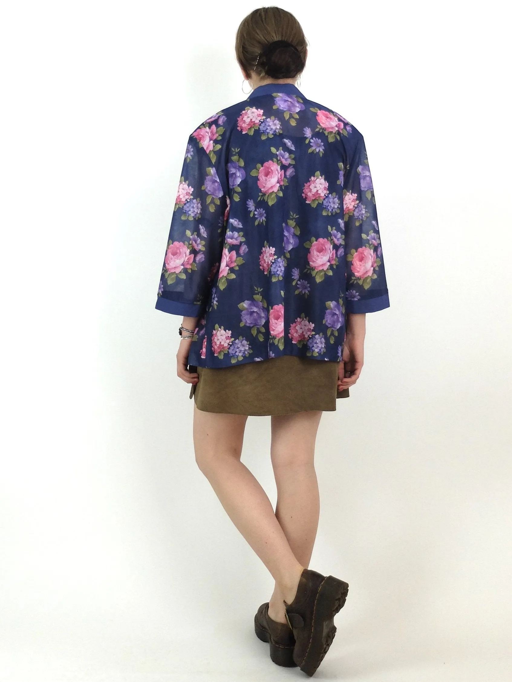 80s Bohemian Floral 3/4 Sleeve Lightweight Kimono Style Open Blouse with Padded Shoulders