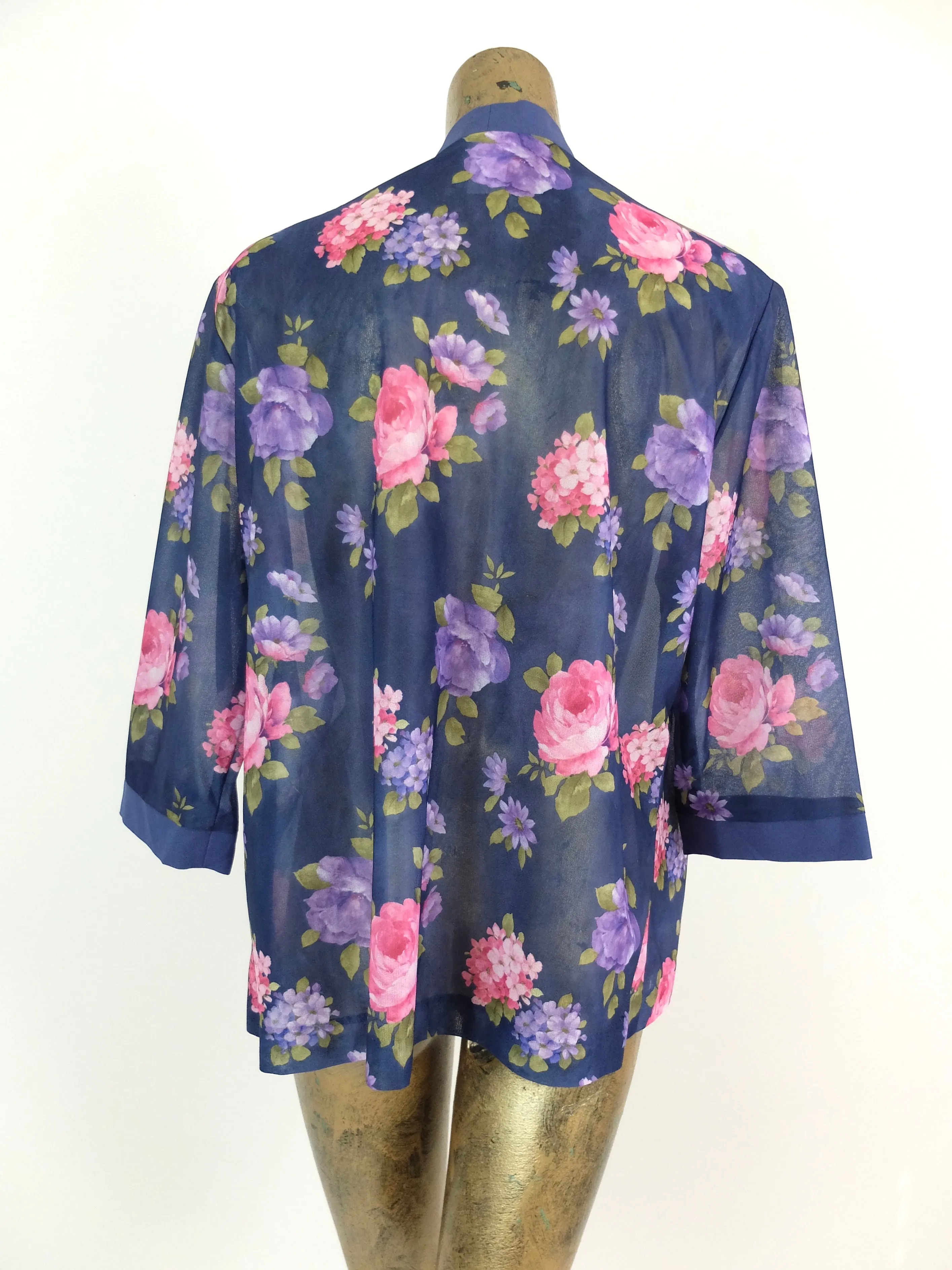 80s Bohemian Floral 3/4 Sleeve Lightweight Kimono Style Open Blouse with Padded Shoulders