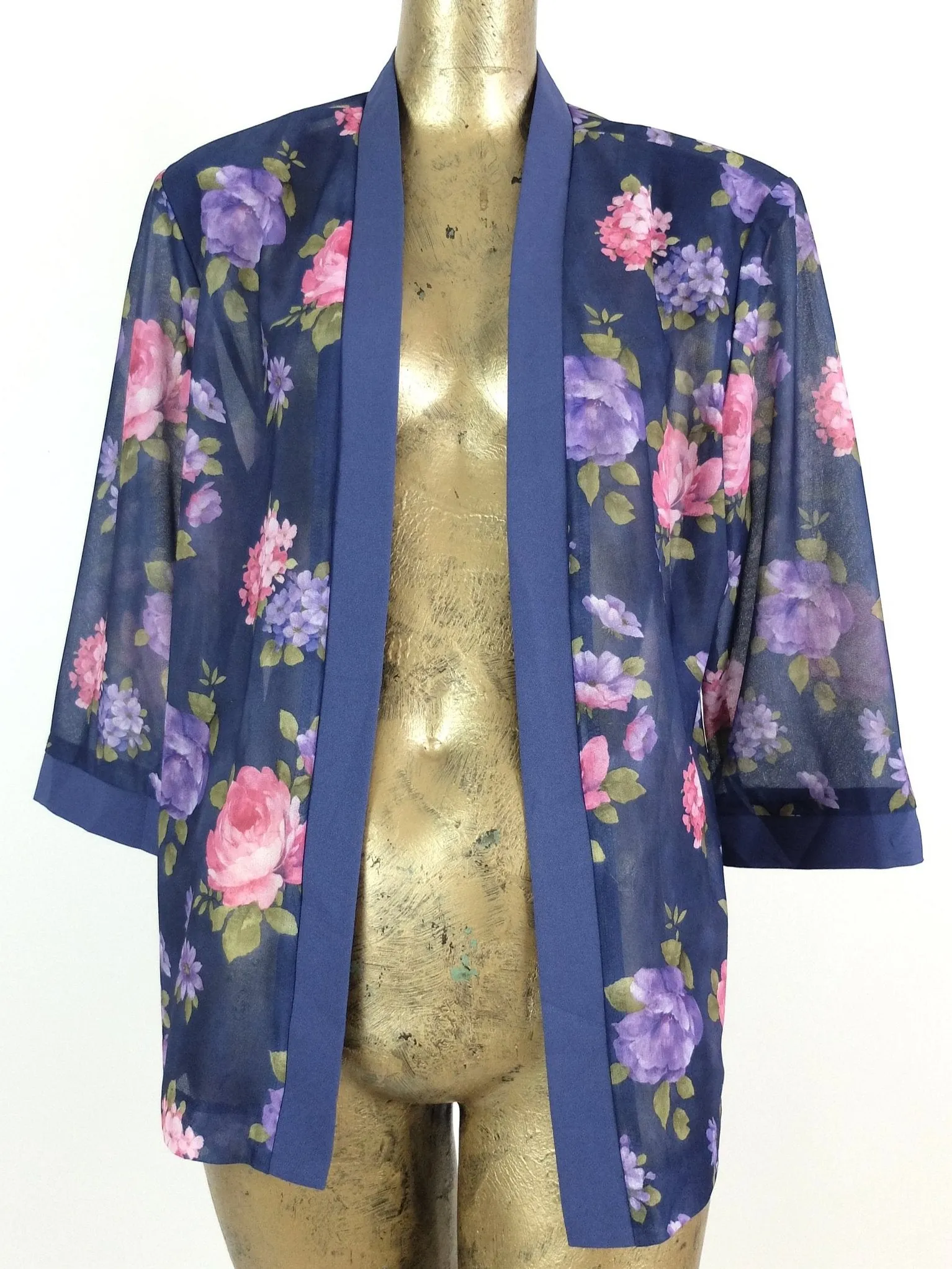 80s Bohemian Floral 3/4 Sleeve Lightweight Kimono Style Open Blouse with Padded Shoulders