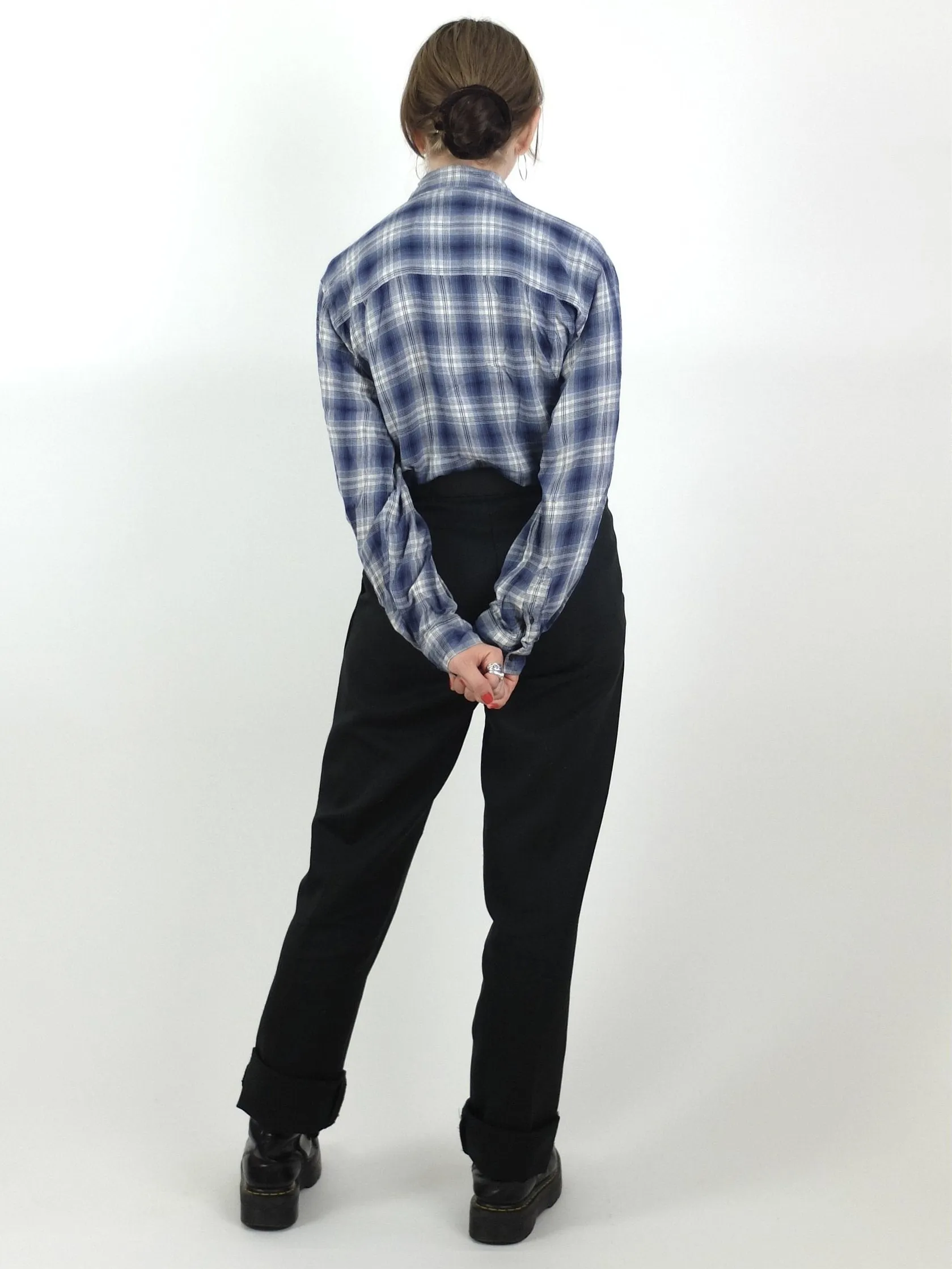 80s Navy Blue Check Print Collared Button Up Long Sleeve Shirt