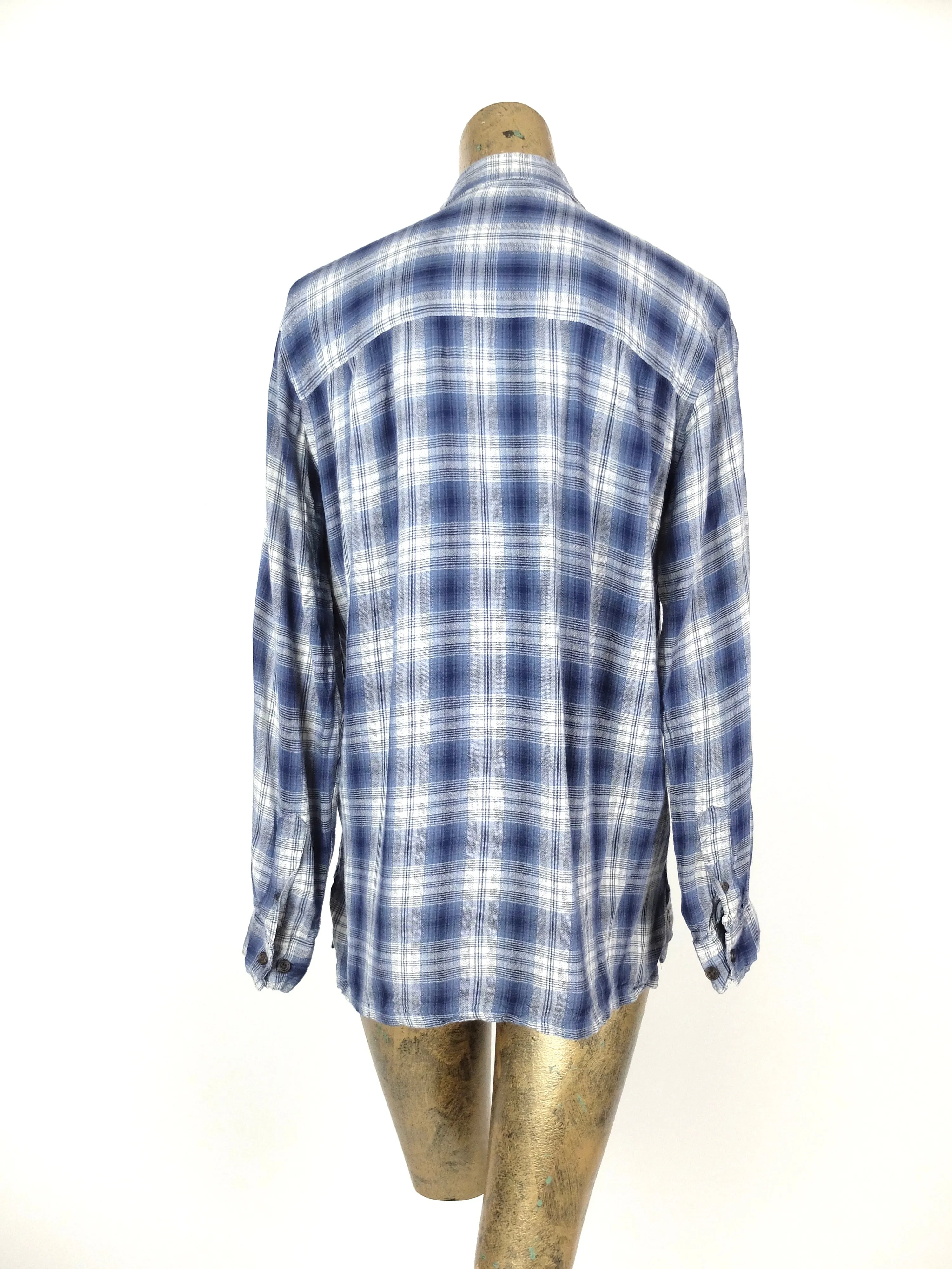 80s Navy Blue Check Print Collared Button Up Long Sleeve Shirt