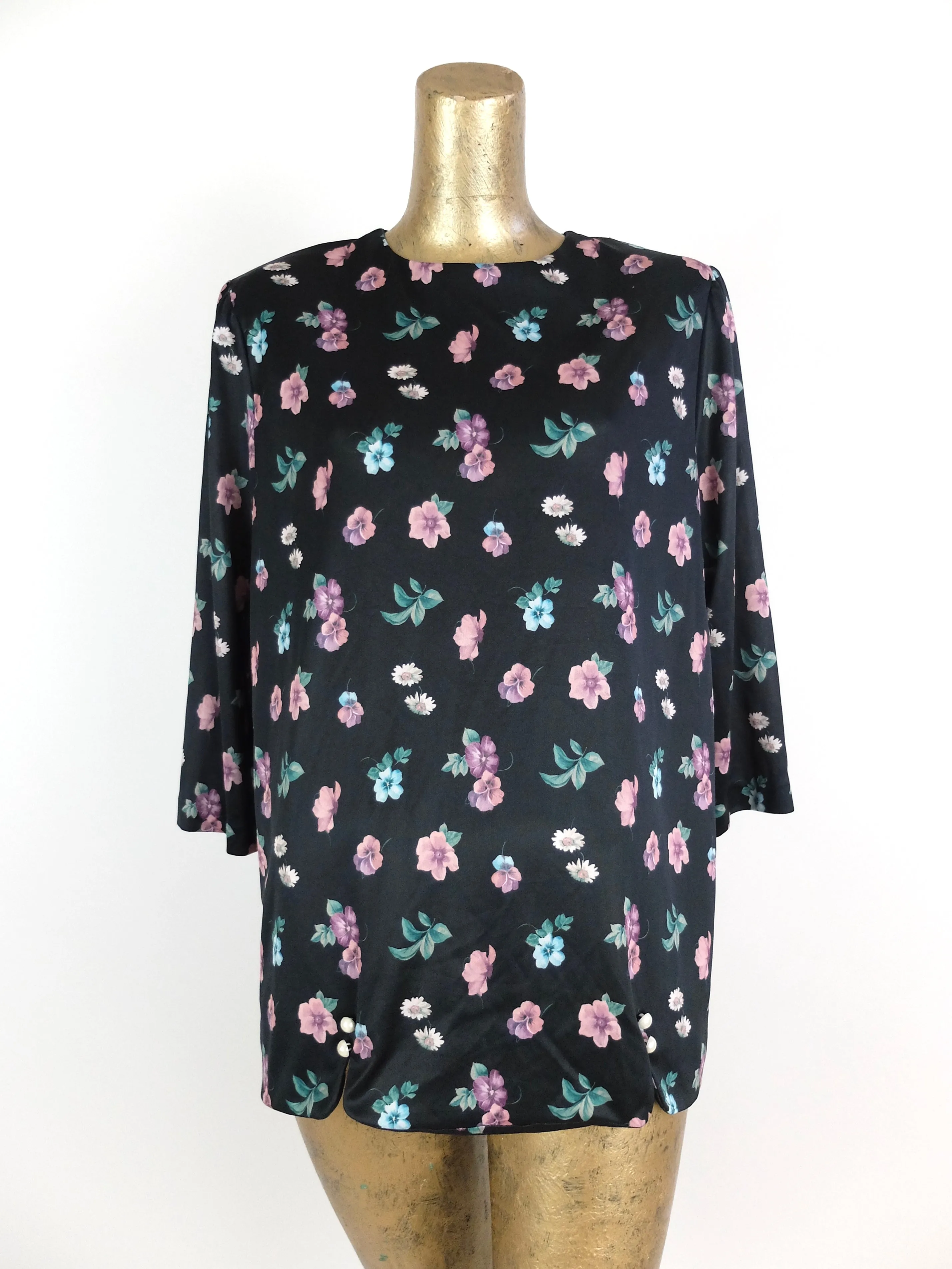 80s Romantic Bohemian Floral Black 3/4 Sleeve Blouse