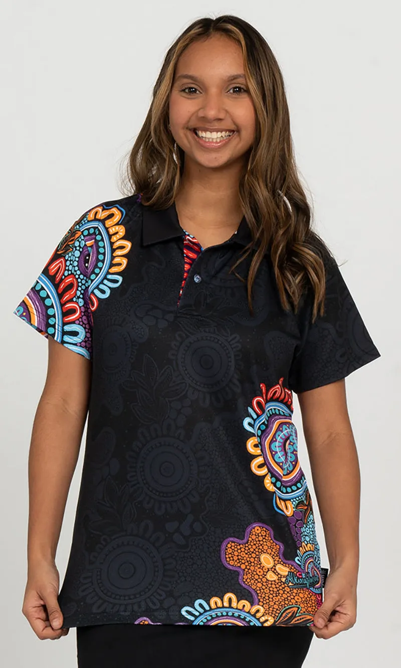 Aboriginal Art Ladies Fitted Bamboo Polo Celebration