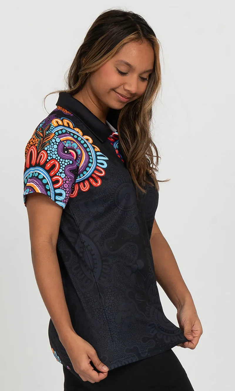 Aboriginal Art Ladies Fitted Bamboo Polo Celebration