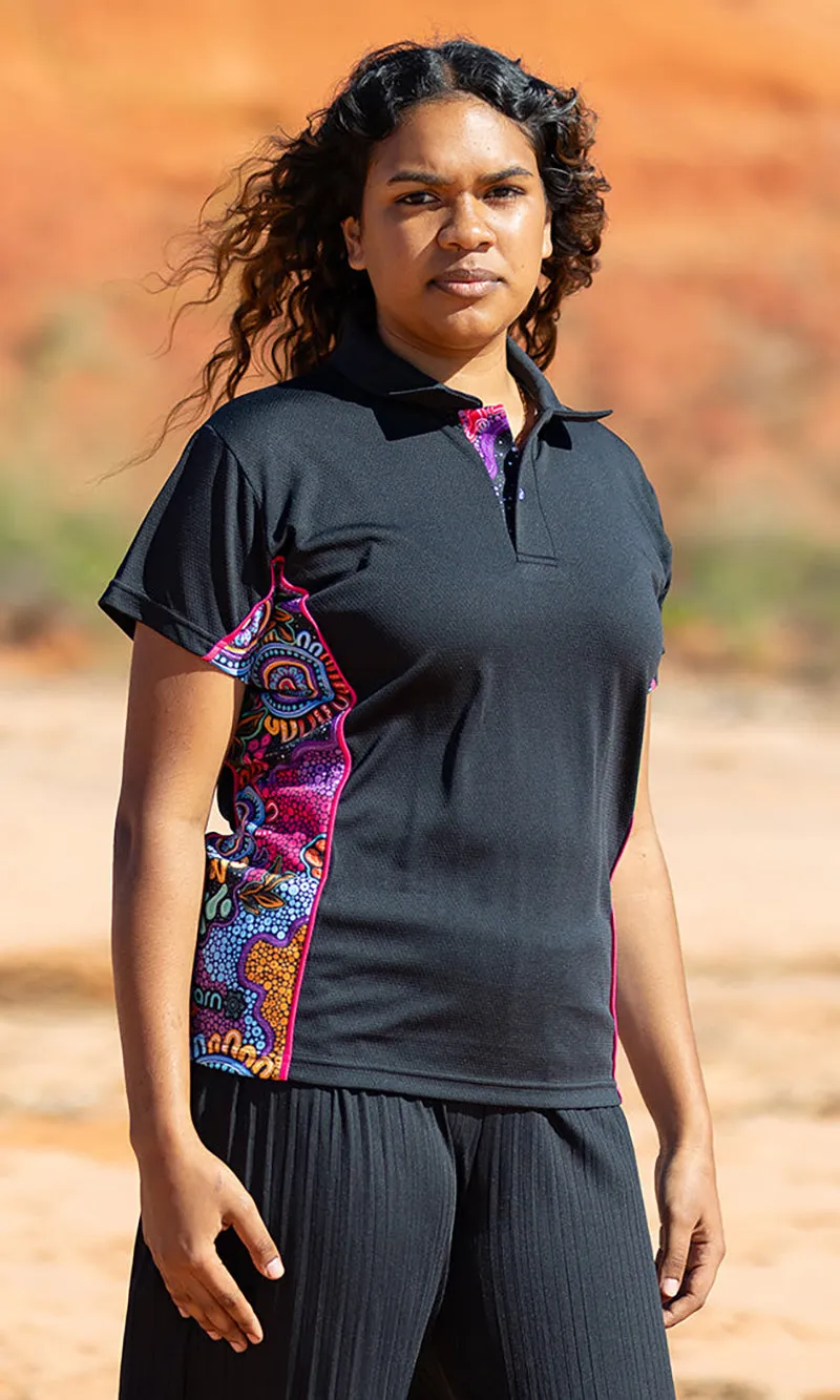 Aboriginal Art Ladies Fitted Bamboo (Simpson) Polo Celebration