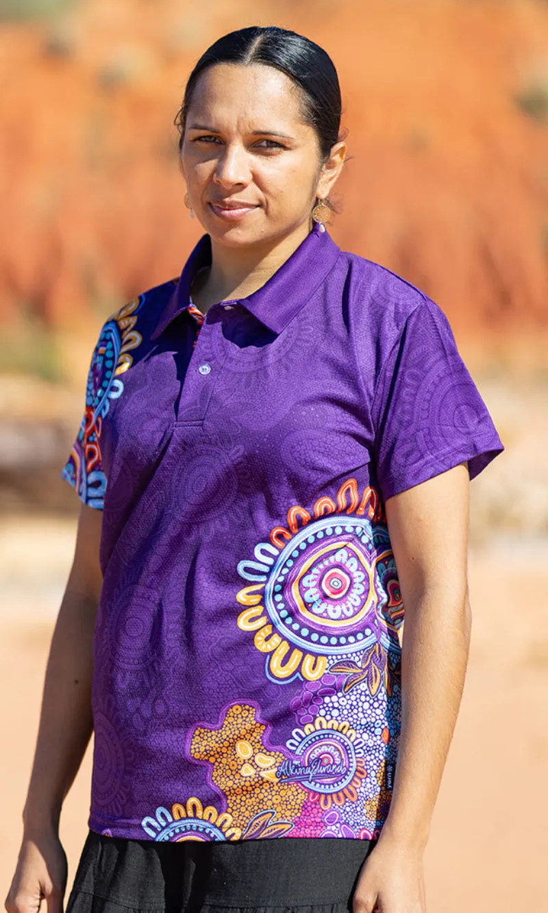 Aboriginal Art Ladies Fitted Purple Bamboo Polo Celebration