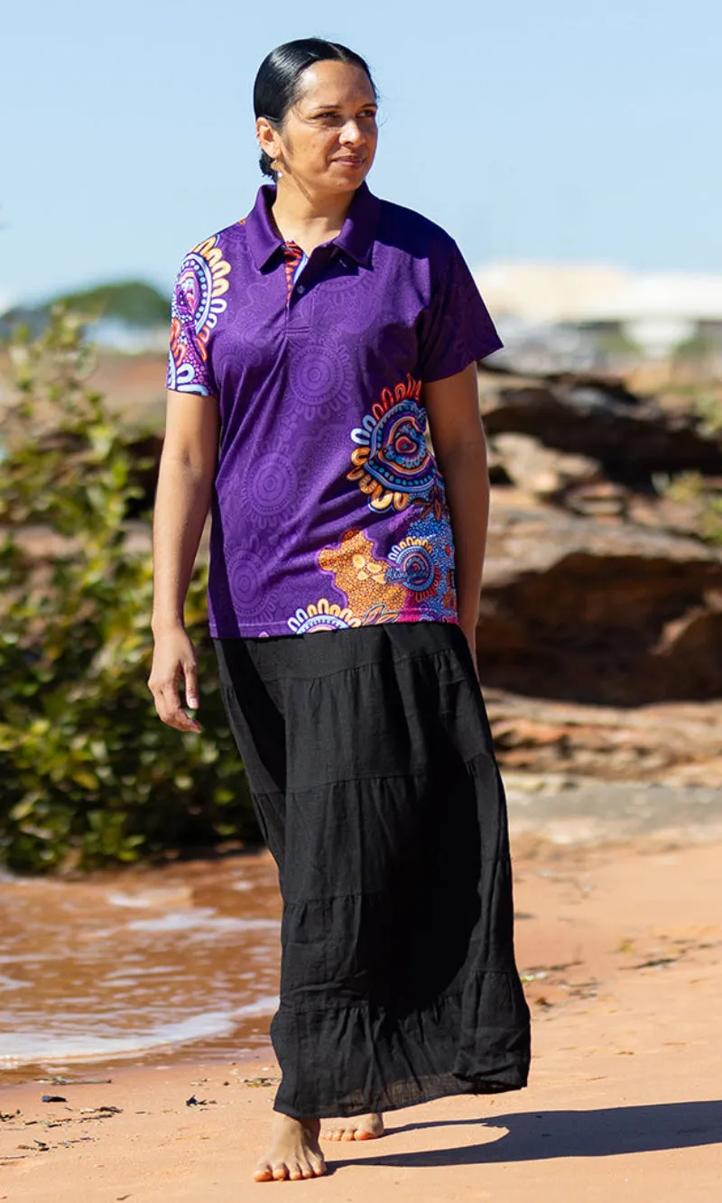 Aboriginal Art Ladies Fitted Purple Bamboo Polo Celebration