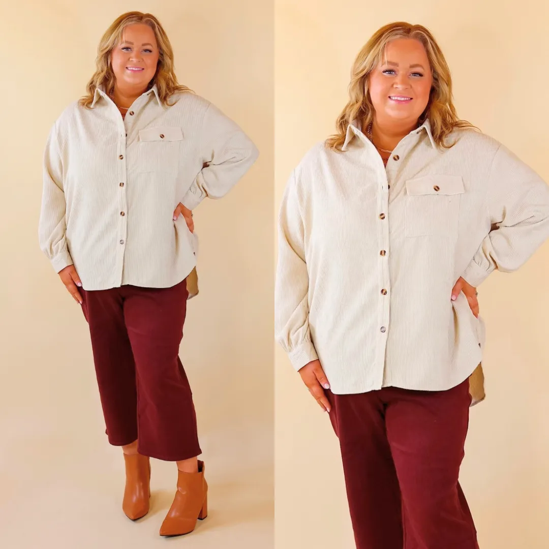 All Dolled Up Button Up Corduroy Shacket in Ivory