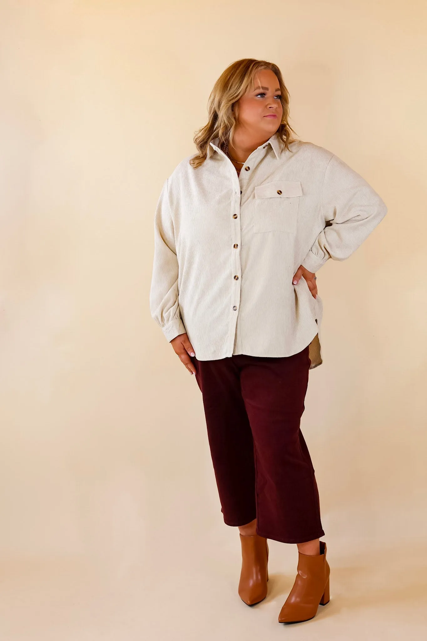 All Dolled Up Button Up Corduroy Shacket in Ivory