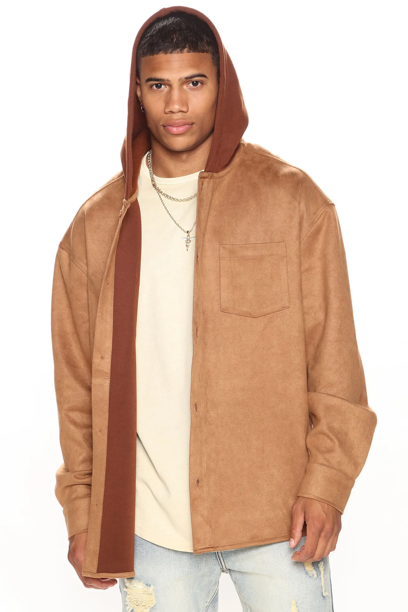 Always On The Go Hooded Suede Shacket - Brown