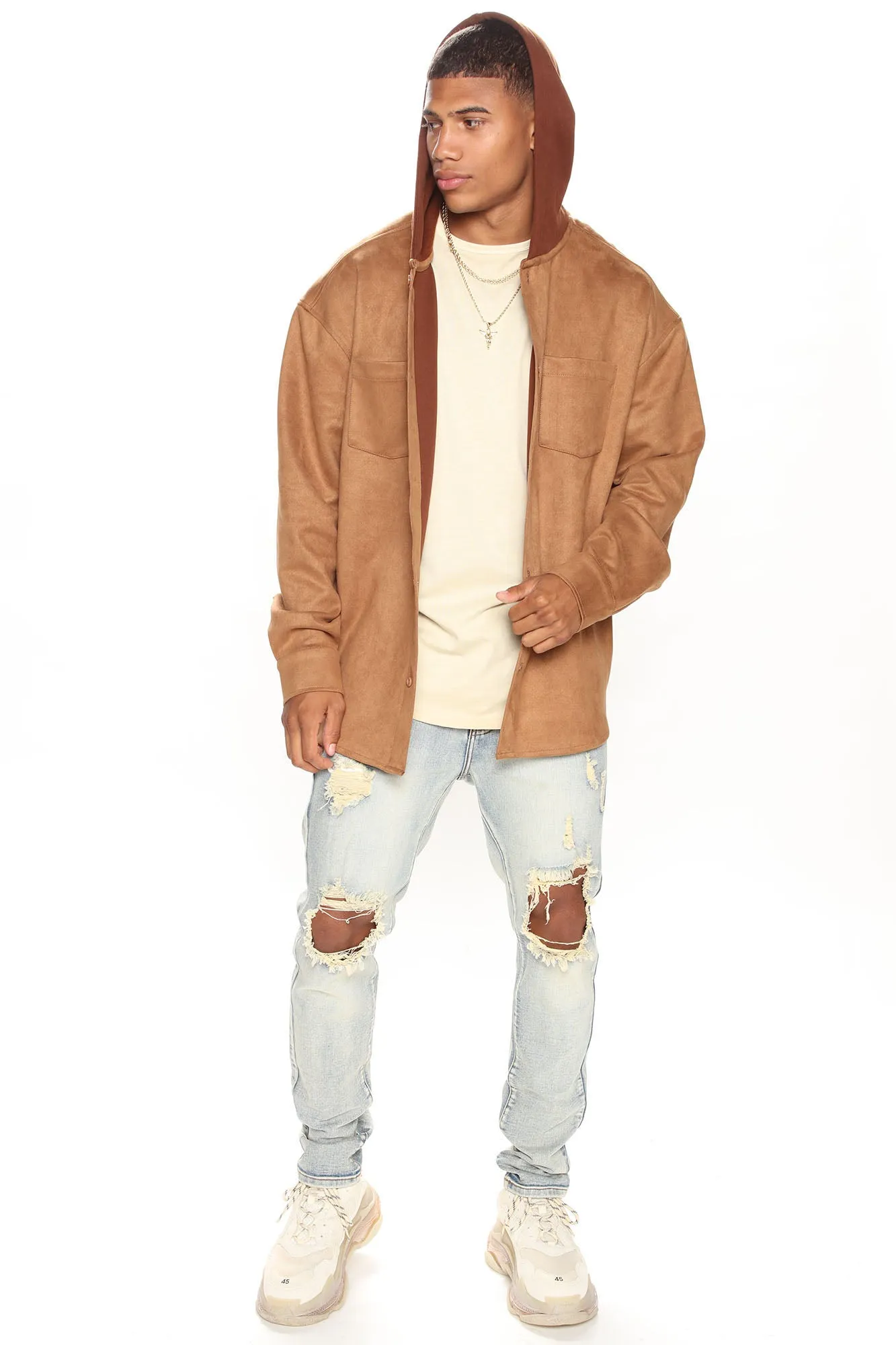 Always On The Go Hooded Suede Shacket - Brown