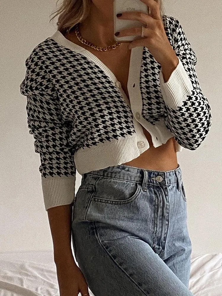 Amozae Houndstooth Print Vintage Crop Top Cardigan Women V Neck Elegant Chic Sweater Autumn Fashion Jumper Ladies Streetwear