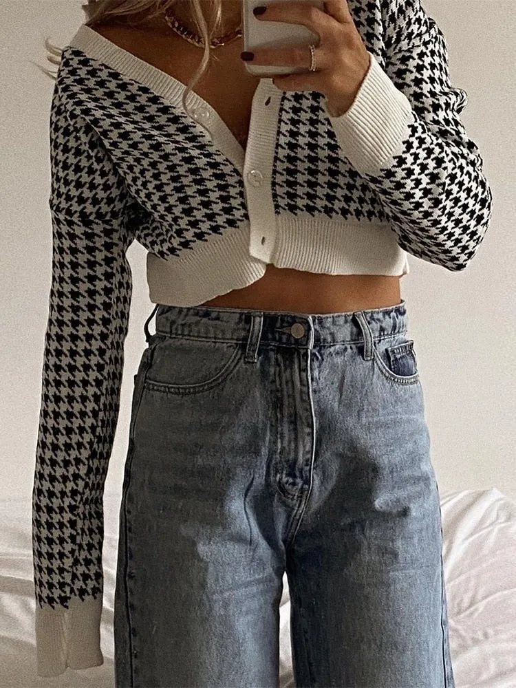 Amozae Houndstooth Print Vintage Crop Top Cardigan Women V Neck Elegant Chic Sweater Autumn Fashion Jumper Ladies Streetwear