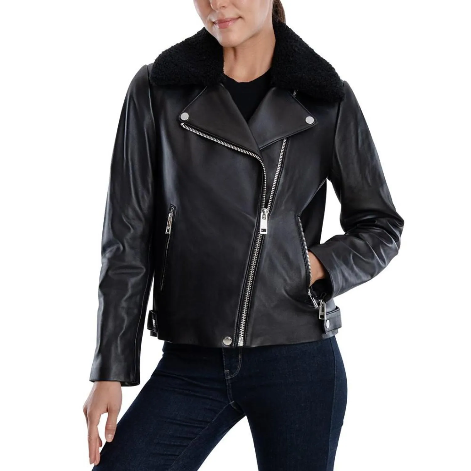 Asymmetrical Faux-Sherpa-Collar Leather Coat