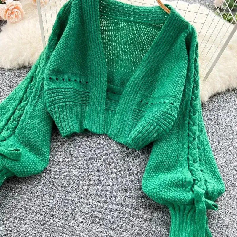 Autumn Solid Chic Knitted Crop Cardigans Sweet Winter Korean Elegant All Match Cardigan Fashion Lantern Sleeve Casual Sweaters