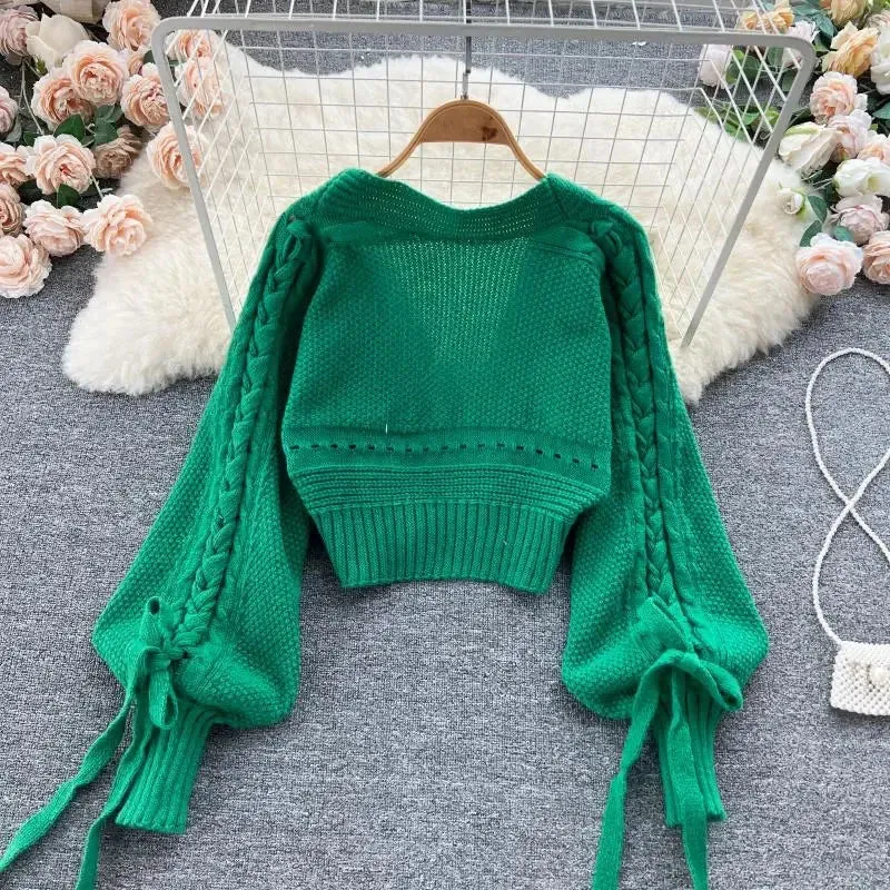 Autumn Solid Chic Knitted Crop Cardigans Sweet Winter Korean Elegant All Match Cardigan Fashion Lantern Sleeve Casual Sweaters