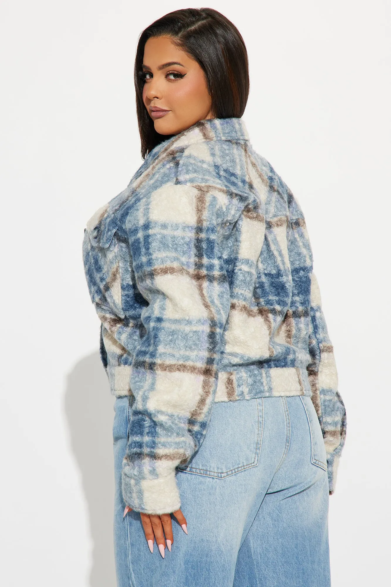 Ava Plaid Sherpa Shacket - Blue/combo