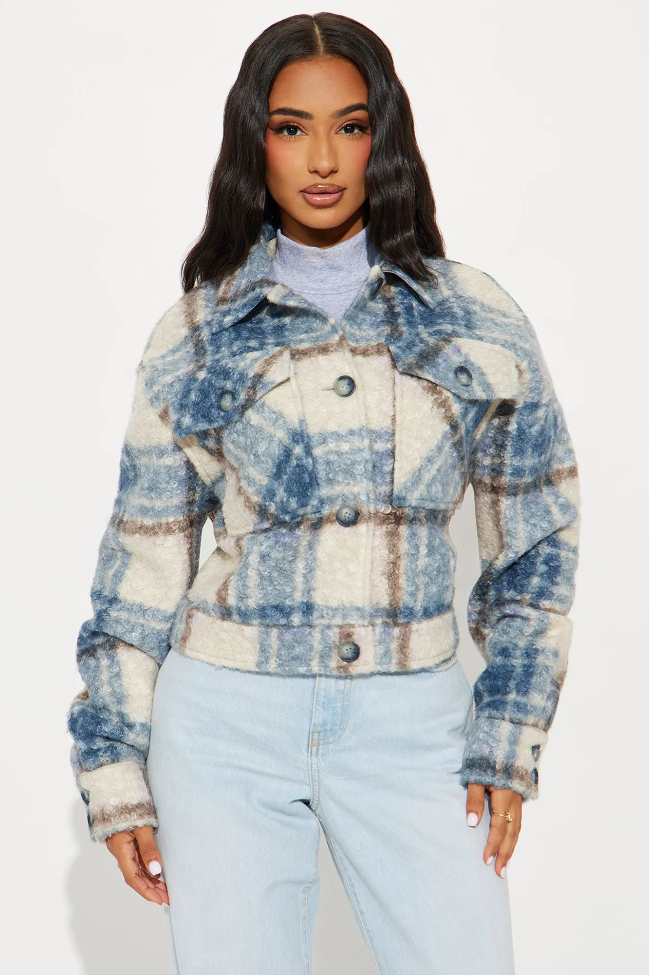 Ava Plaid Sherpa Shacket - Blue/combo