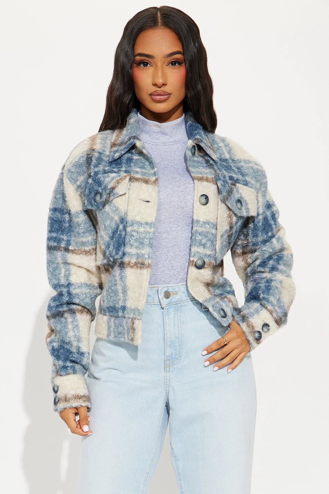 Ava Plaid Sherpa Shacket - Blue/combo