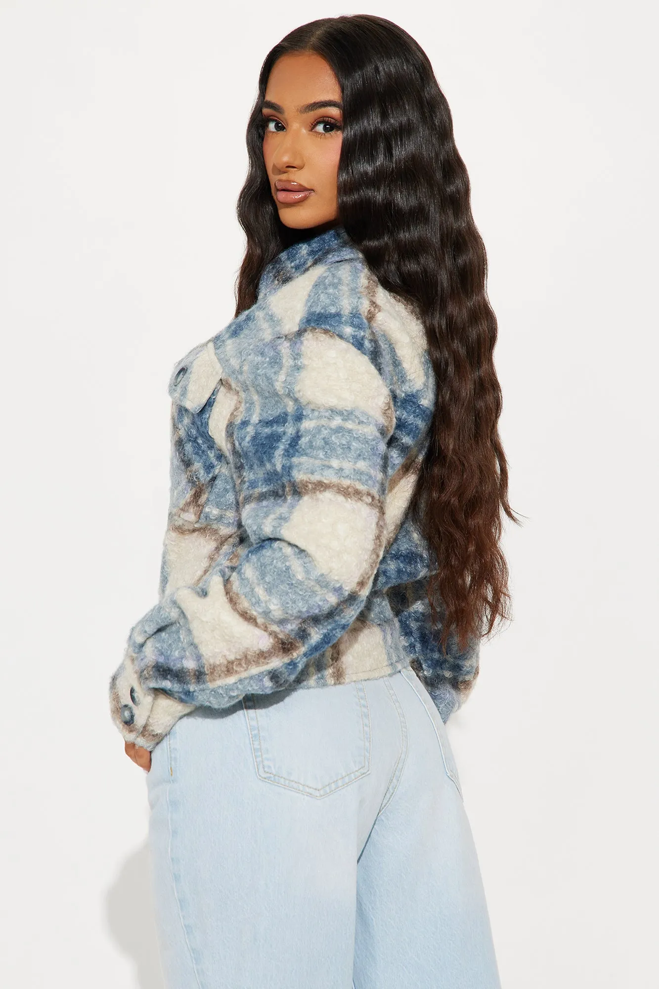 Ava Plaid Sherpa Shacket - Blue/combo