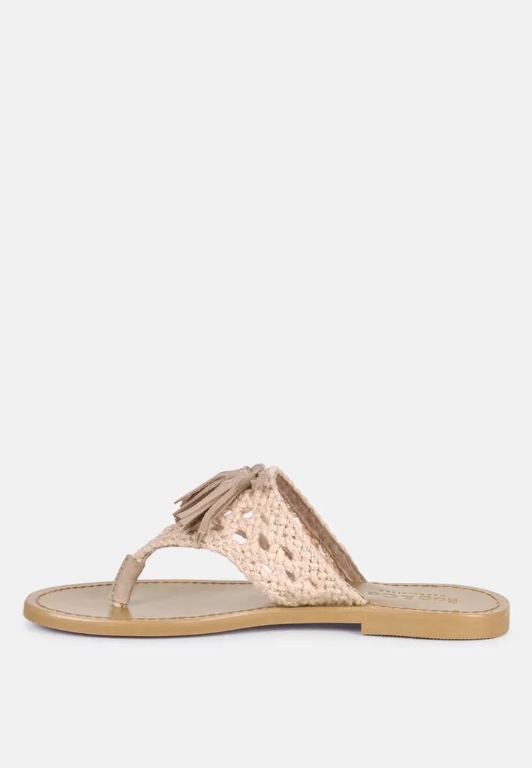 BEECH Handwoven Natural Latte Suede Tassel Thong Flats