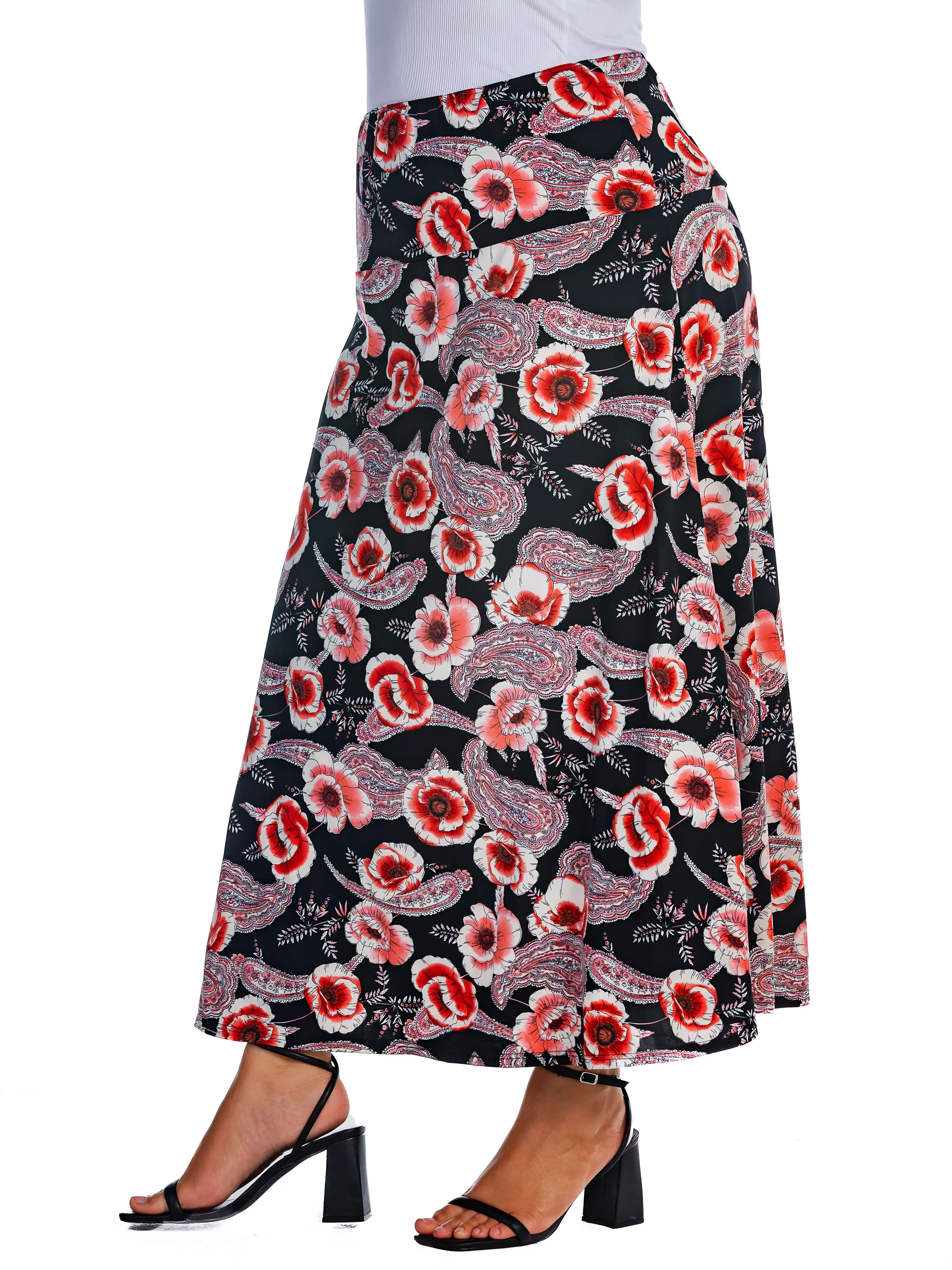 Black and Red Floral Plus Size Maxi Skirt