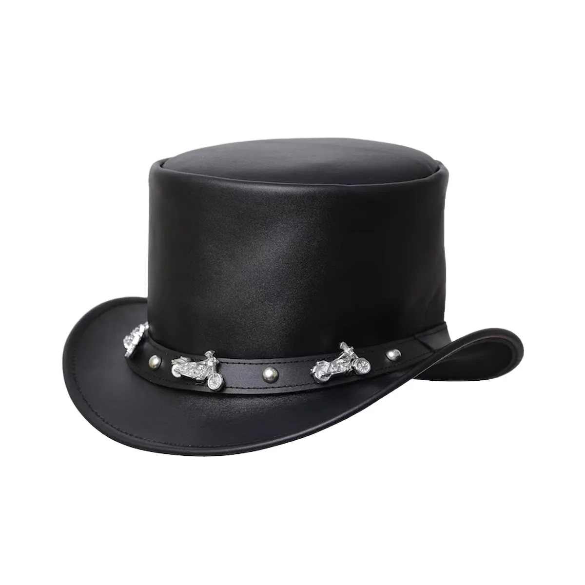 Black Leather Top Hat with Motorcycle Stud Band