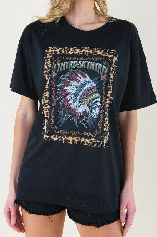 Black Lynyrd Skynyrd Skull Indian Chief Leopard Oversized Graphic T-Shirt Womens