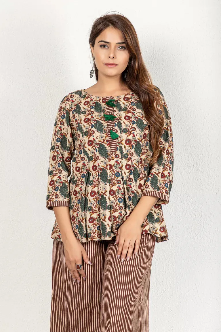 Brown & Beige Kalamkari Top & Palazzo Set