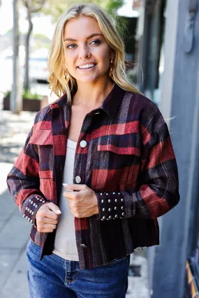 Burgundy & Rust Plaid Studded Cropped Shacket