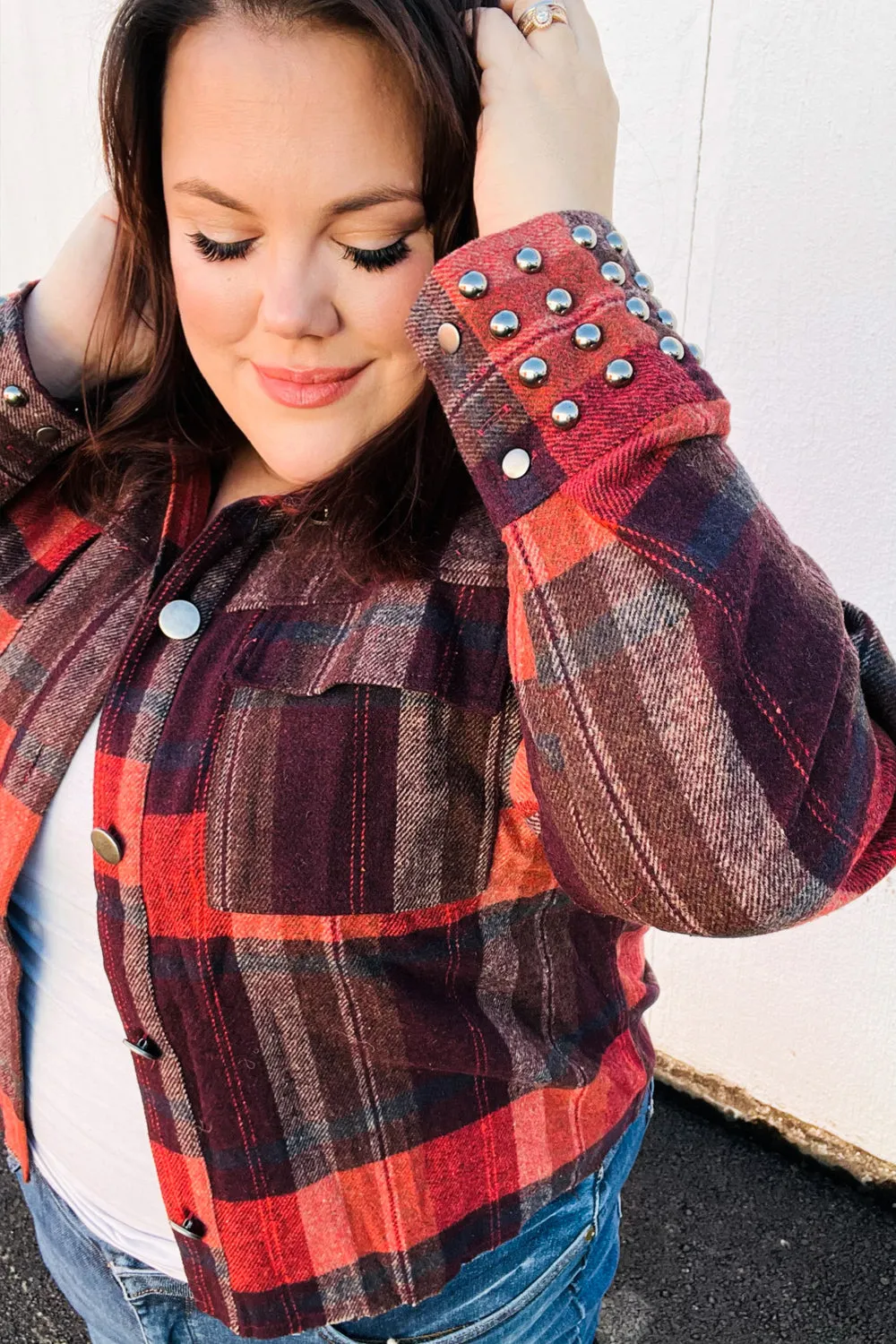 Burgundy & Rust Plaid Studded Cropped Shacket