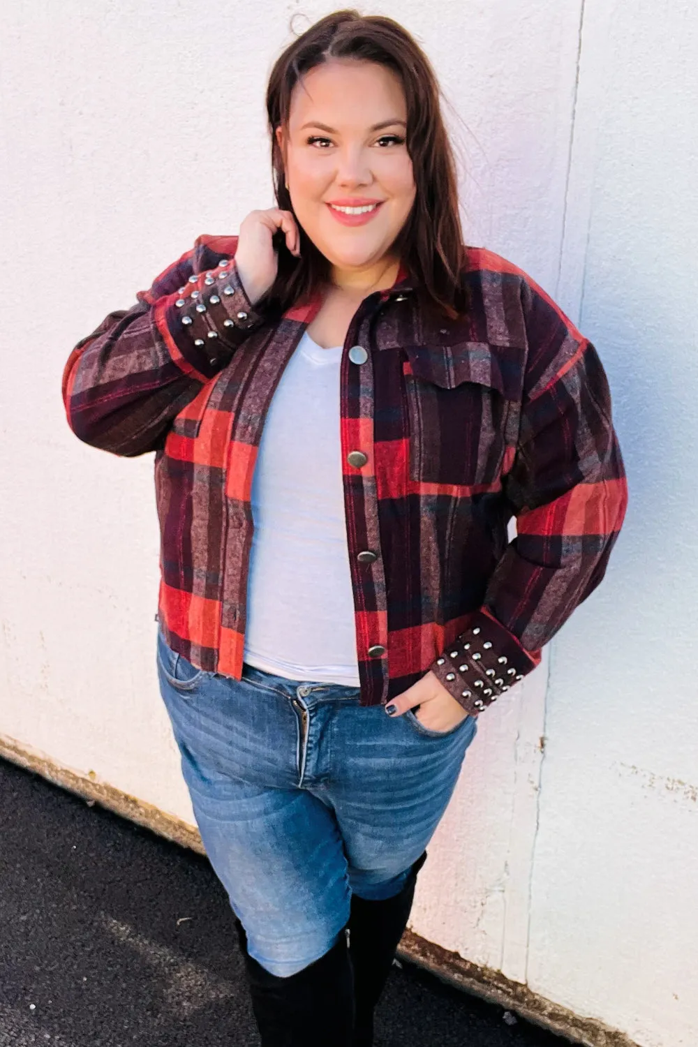 Burgundy & Rust Plaid Studded Cropped Shacket