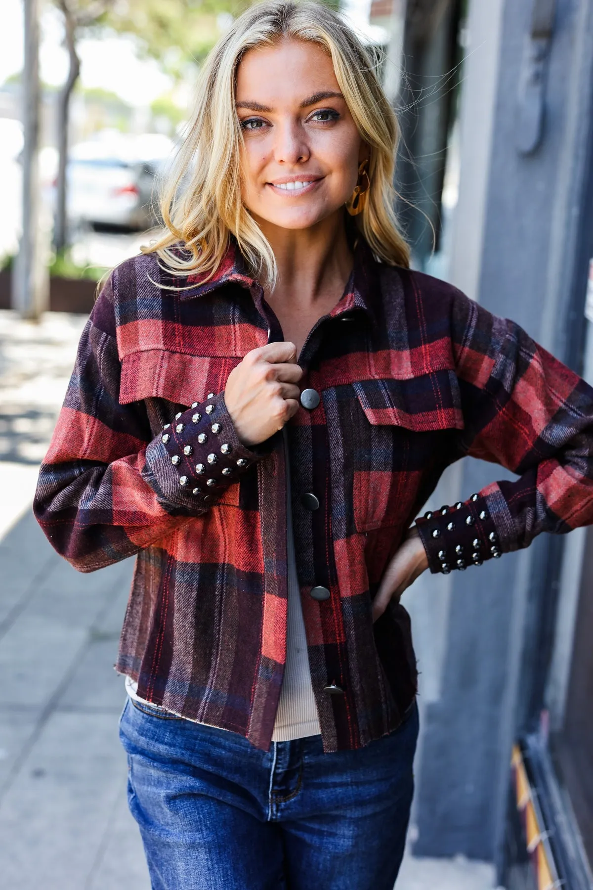 Burgundy & Rust Plaid Studded Cropped Shacket