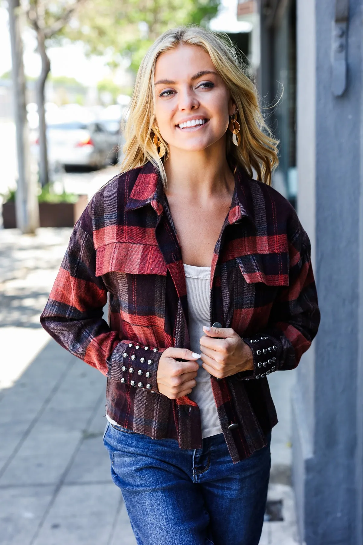 Burgundy & Rust Plaid Studded Cropped Shacket