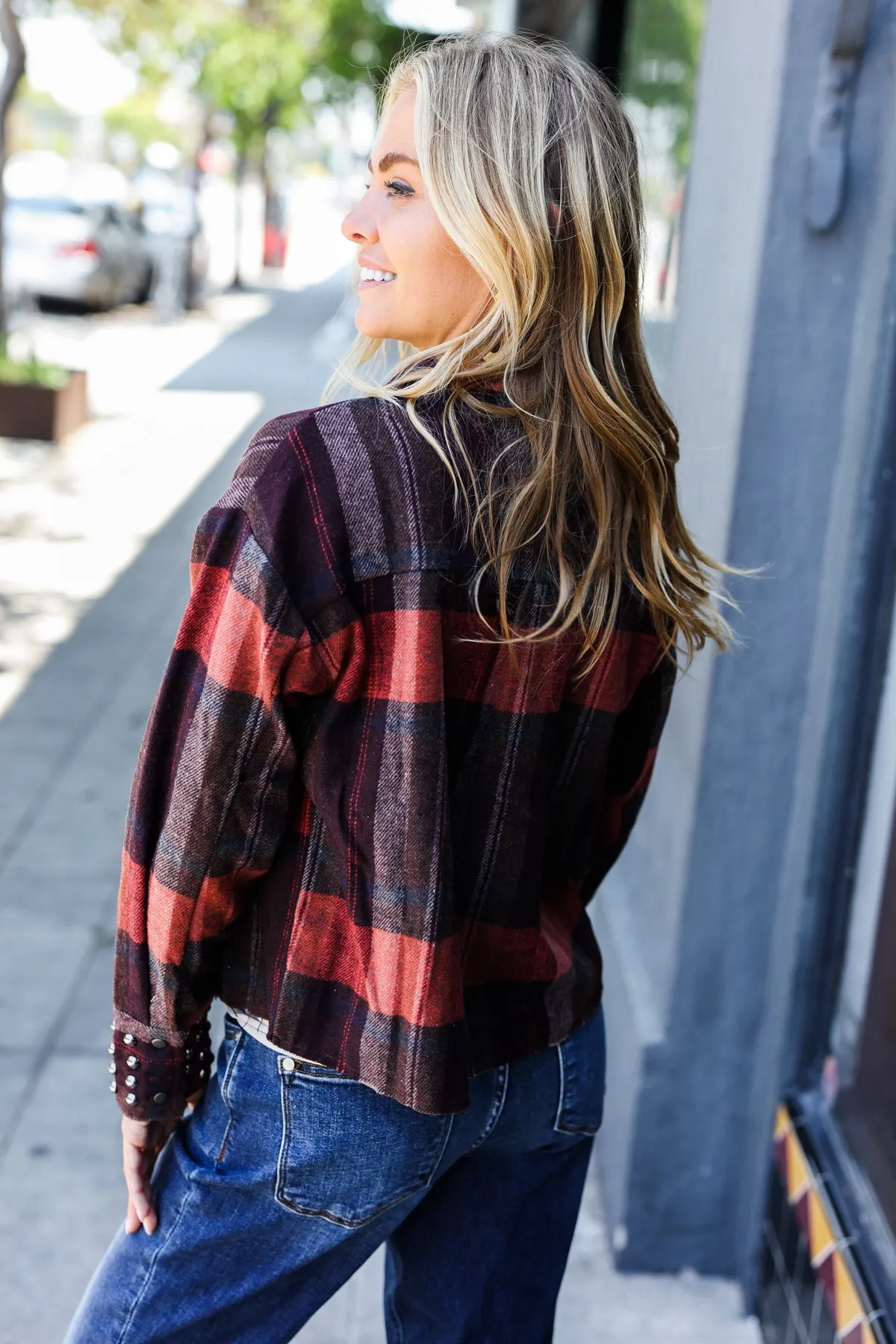 Burgundy & Rust Plaid Studded Cropped Shacket