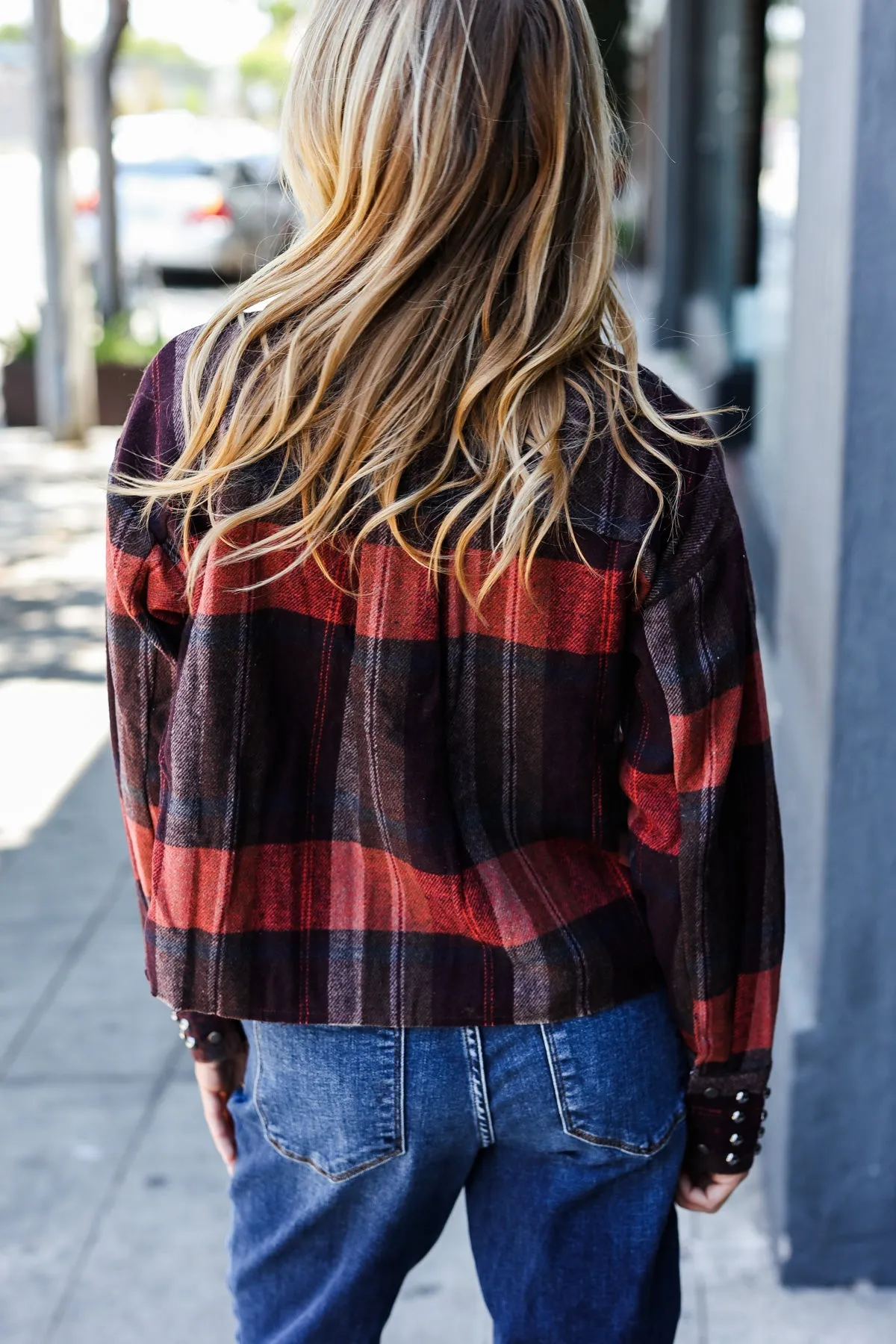 Burgundy & Rust Plaid Studded Cropped Shacket