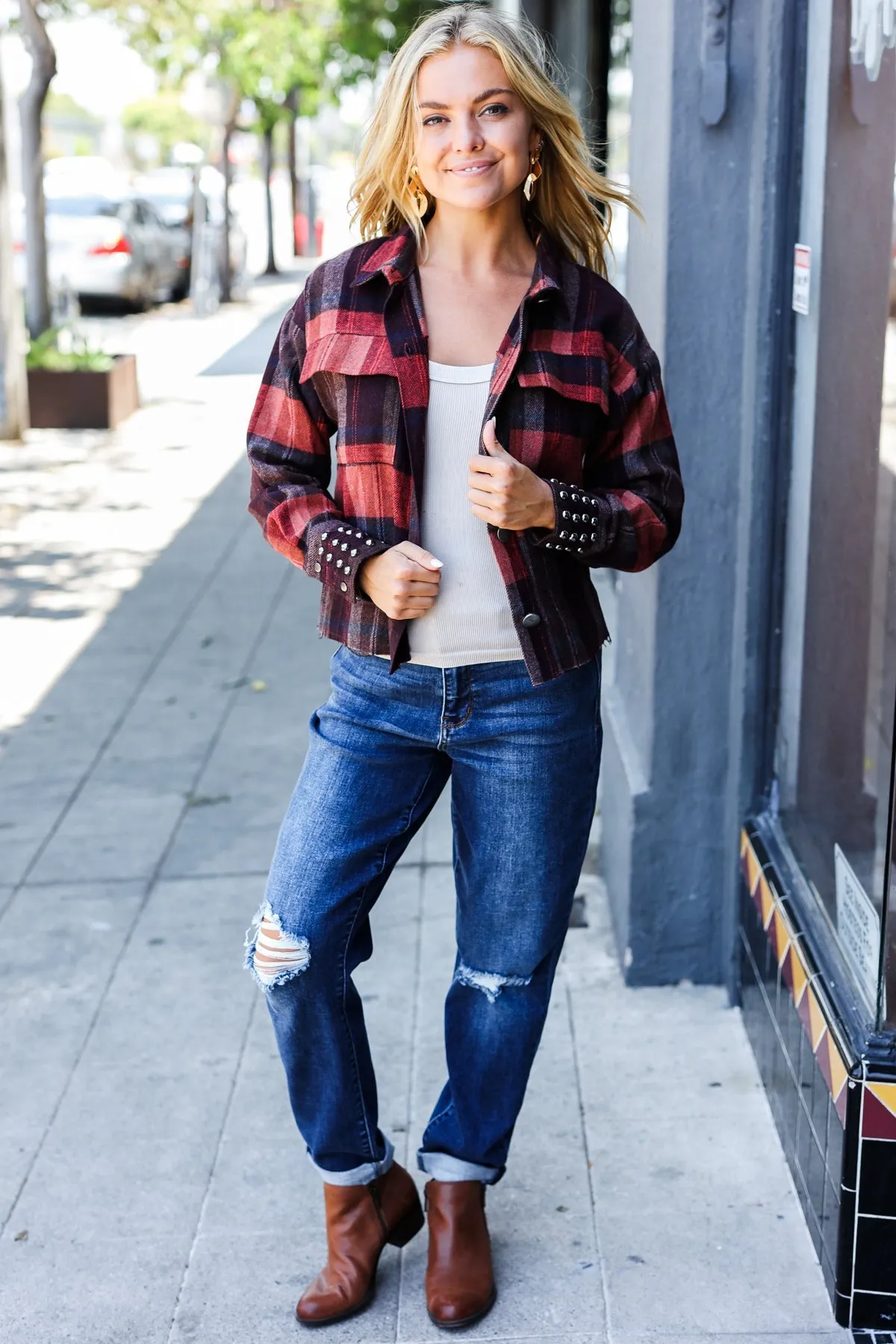 Burgundy & Rust Plaid Studded Cropped Shacket