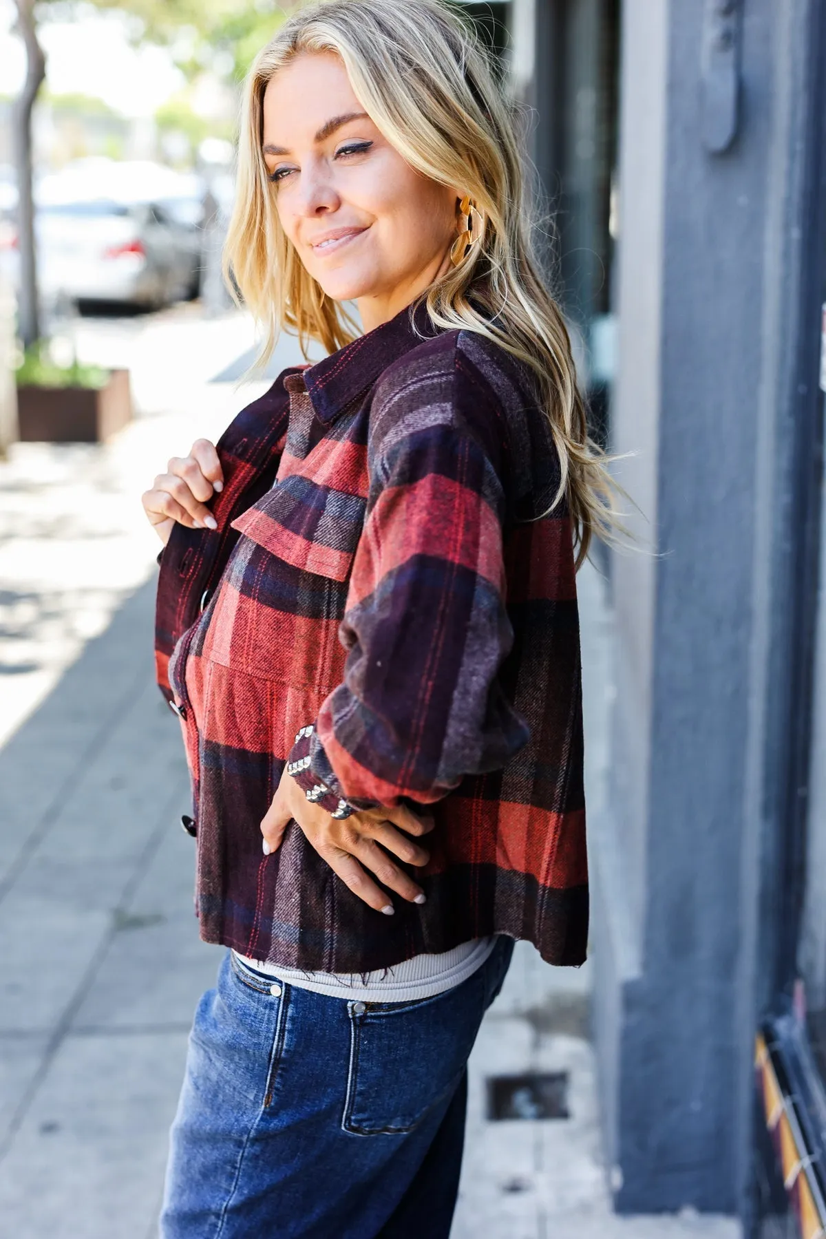 Burgundy & Rust Plaid Studded Cropped Shacket